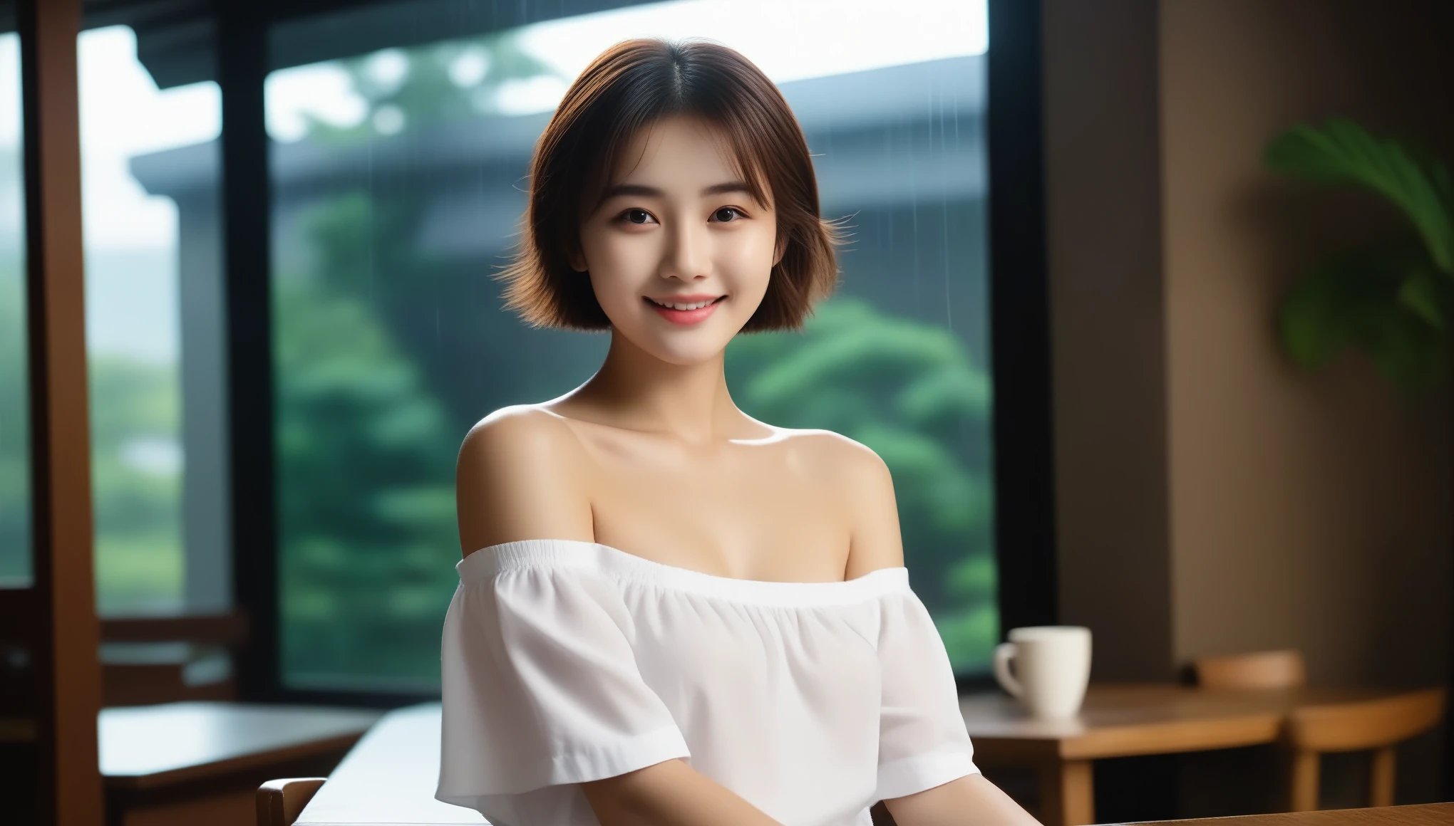 8k, Ultra-high resolution, highest quality, masterpiece, 超Realisticな, photograph, 1 girl, (16 years old:1.3), pretty girl, Cute Face, Beautiful eyes in every detail,masterpiece,((highest quality, 8k, masterpiece: 1.3, RAWphotograph)), Sharp focus: 1.2, (1. AESPA Girl: 1.1), (Realistic, photo-Realistic:1.37), Face Focus, Cute Face, Small breasts, Flat Chest, Brunette short messy hair, Chair, Raise the hand, wet white wear, skirt, panties, Cafe, rain, sunlight, Cinema Lighting, From below,((highest quality, 8k, masterpiece: 1.3, RAWphotograph)), Sharp focus: 1.2, (1. AESPA Girl: 1.1), (Realistic, photo-Realistic:1.37), Face Focus, Cute Face, Small breasts, Flat Chest, Brunette short messy hair, Chair, Raise the hand, wet white wear, skirt, panties, Cafe, rain, sunlight, Cinema Lighting, From below 、Looking at the audience、beauty,Long neck、Smile a little、Please close your mouth and laugh、(((Ideal body type))),A-cup small breasts :2,Perfect Anatomy、鮮明なdetailed、detailed、超Realisticな、Light and shadow,Strong light,Fashion magazine cover,Thin lips