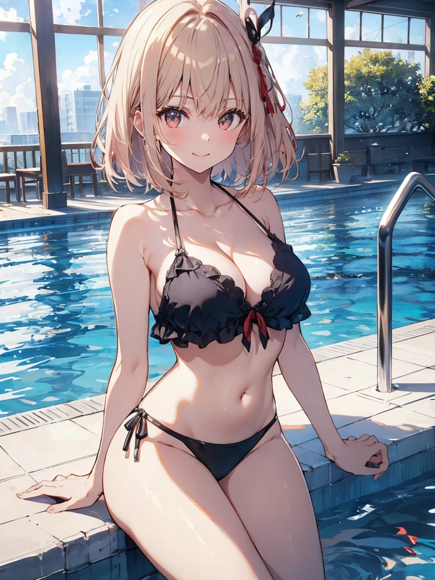 masterpiece、highest quality、Super fine、highest quality、High resolution、32K CG、Very delicate and beautiful、An illustration、High resolution、Sharp Focus、Forward lighting、shine、one person、girl、solo、Medium Hair、smile、非常に美しいdetailedなアニメの顔、 非常にdetailedなゲームCGキャラクター目、、Bikini Swimwear、Cleavage、slomach、belly button、Perfect bodyailedな手、blue sky、Hotel poolside、、detailed:-1、detailed:0、detailed:0.5、detailed:1 、detailed:1.5