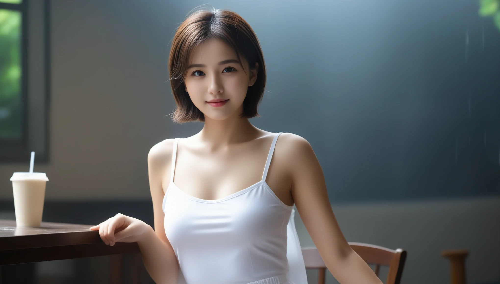8k, Ultra-high resolution, highest quality, masterpiece, 超Realisticな, photograph, 1 girl, (:1.3), pretty girl, Cute Face, Beautiful eyes in every detail,masterpiece,((highest quality, 8k, masterpiece: 1.3, RAWphotograph)), Sharp focus: 1.2, (1. AESPA Girl: 1.1), (Realistic, photo-Realistic:1.37), Face Focus, Cute Face, Small breasts, Flat Chest, Brunette short messy hair, Chair, Raise the hand, wet white wear, skirt, panties, Cafe, rain, sunlight, Cinema Lighting, From below,((highest quality, 8k, masterpiece: 1.3, RAWphotograph)), Sharp focus: 1.2, (1. AESPA Girl: 1.1), (Realistic, photo-Realistic:1.37), Face Focus, Cute Face, Small breasts, Flat Chest, Brunette short messy hair, Chair, Raise the hand, wet white wear, skirt, panties, Cafe, rain, sunlight, Cinema Lighting, From below 、Looking at the audience、beauty,Long neck、Smile a little、Please close your mouth and laugh、(((Ideal body type))),A-cup small breasts :2,Perfect Anatomy、鮮明なdetailed、detailed、超Realisticな、Light and shadow,Strong light,Fashion magazine cover,Thin lips