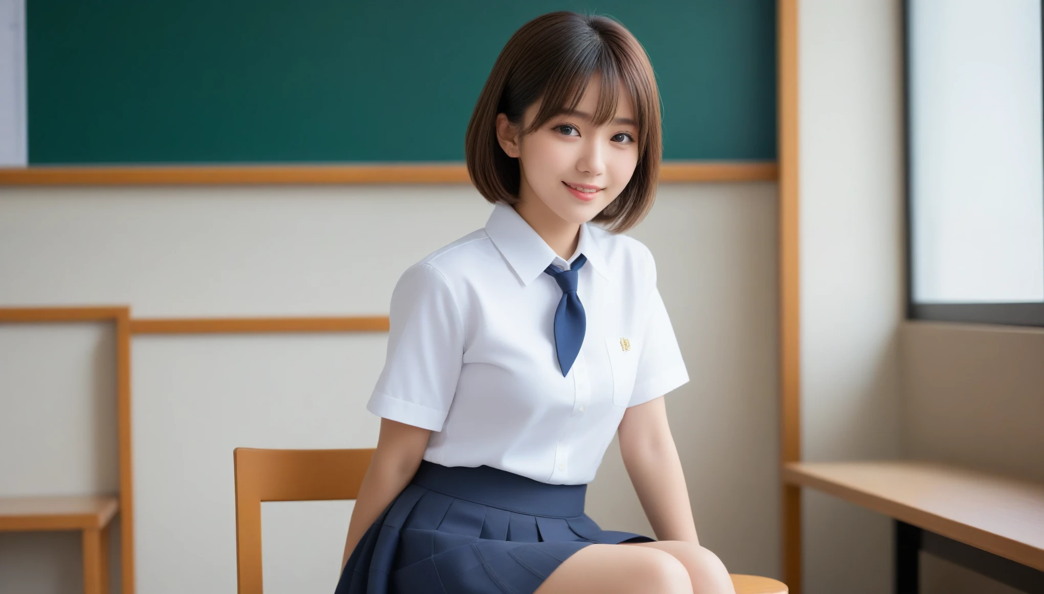8k, Ultra-high resolution, highest quality, masterpiece, Surreal, photograph, 1 girl, (16 years old:1.3), cute女の子, cute顔, Beautiful eyes in every detail,masterpiece,Japanese, whole body, Pause, (Side view:0.9), (Professional Lighting, Light on the face), 1 girl, cute, Perfect body, View Viewer, The body is slim, (非常にdetailedな目と顔, Beautifully detailed nose, Beautiful fine details), (Beautiful knees, White thighs), Japanese high school girl, (classroom, Wooden desk and wooden chair), ((school uniform, Short sleeve uniform white shirt)), 18-year-old, (Semi-long hair, Bob Hair, short hair, Hairside lock) 、Looking at the audience、beauty,Long neck、Smile a little、Please close your mouth and laugh、(((Ideal body type))),A-cup small breasts :2,Perfect Anatomy、鮮明なdetailed、detailed、Surreal、Light and shadow,Strong light,Fashion magazine cover,Thin lips