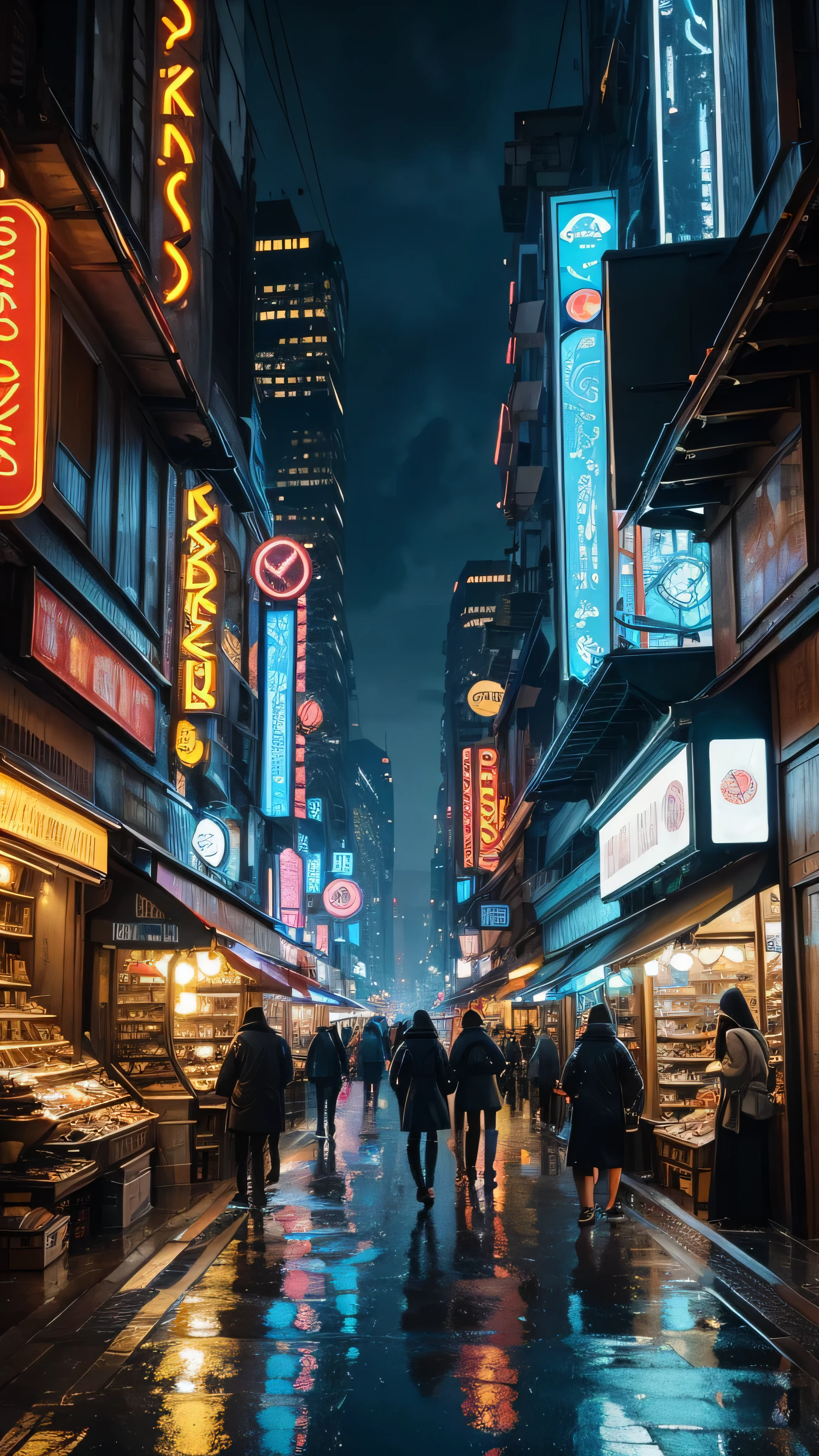 A breathtaking masterpiece of a futurist cityscape unfolds, characterized by high detail and realistic elements. The urban landscape is dominated by deep gorges running through its heart, with architectural streets lined with a harmonious blend of European architecture and cyberpunk design. Intricate bazaars, illuminated by the glow of neon signs, offer a vibrant contrast to the rainy night.

Motorcycles, sleek and futuristic, glide seamlessly through the city, their frames reflecting the city's rain-slicked streets. The cityscape is bathed in a blend of warm and cool tones, highlighting the city's unique combination of