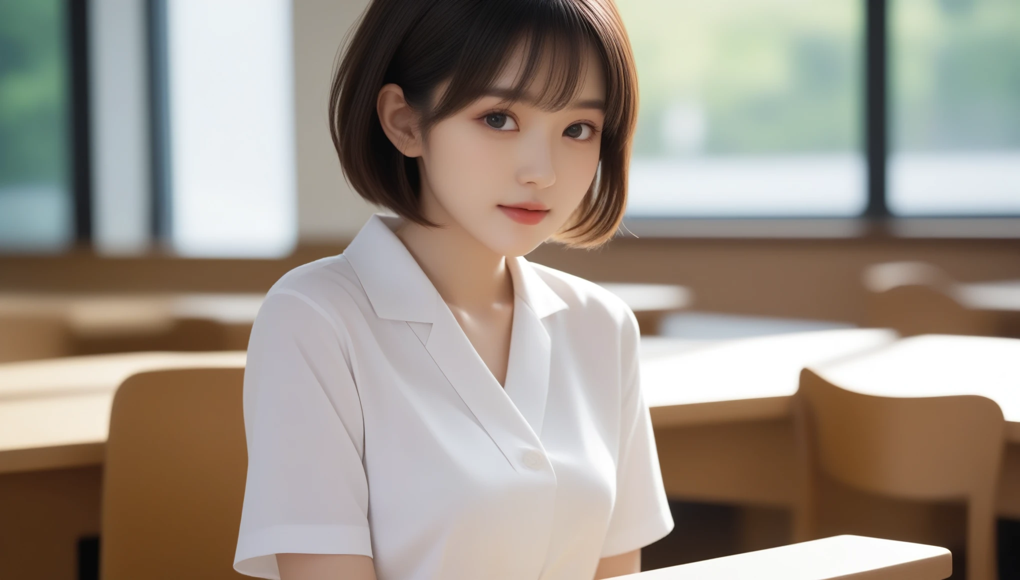 8k, Ultra-high resolution, highest quality, masterpiece, Surreal, photograph, 1 girl, (16 years old:1.3), cute女の子, cute顔, Beautiful eyes in every detail,masterpiece,Japanese, whole body, Pause, (Side view:0.9), (Professional Lighting, Light on the face), 1 girl, cute, Perfect body, View Viewer, The body is slim, (非常にdetailedな目と顔, Beautifully detailed nose, Beautiful fine details), (Beautiful knees, White thighs), Japanese high school girl, (classroom, Wooden desk and wooden chair), ((school uniform, Short sleeve uniform white shirt)), 18-year-old, (Semi-long hair, Bob Hair, short hair, Hairside lock) 、Looking at the audience、beauty,Long neck、Smile a little、Please close your mouth and laugh、(((Ideal body type))),A-cup small breasts :2,Perfect Anatomy、鮮明なdetailed、detailed、Surreal、Light and shadow,Strong light,Fashion magazine cover,Thin lips