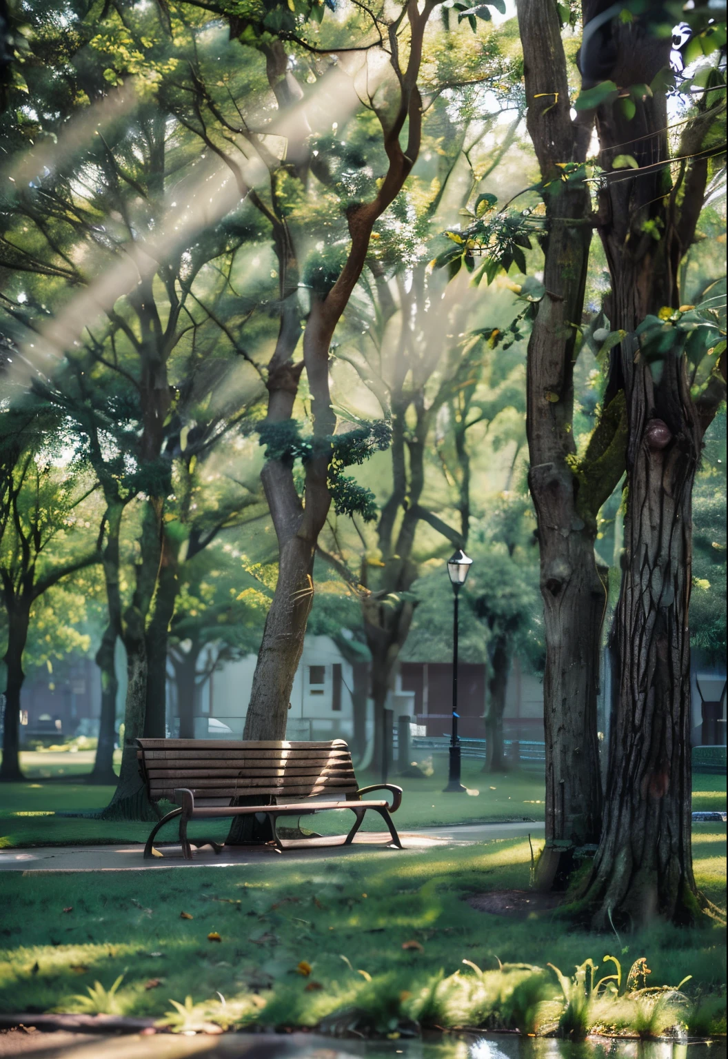 Green tree, Green Grass, a park chair, It was foggy, ((Backlight)), Light in the fog, (masterpiece), ((Super detailed)), (Highly detailed CG illustrations), (Expressionless), (highest quality:1.2), High-quality texture, Intricate details, Detailed Texture, High Quality Shadows, Cinematic Light, Depth of written boundary, Light source contrast, perspective, Realistic,