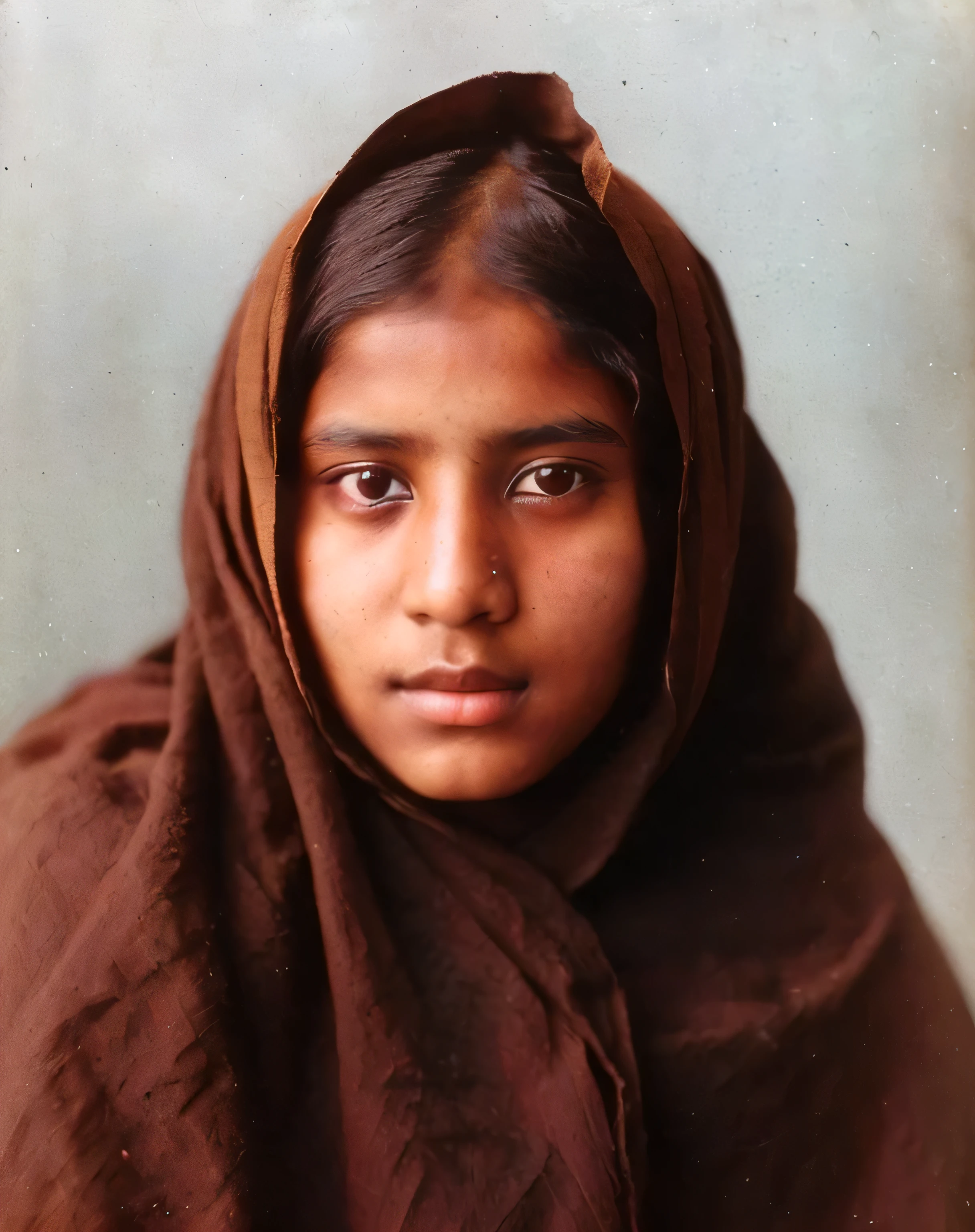 a close up of a young girl wearing a brown shawl, colorized, a colorized photo, afghan girl, colorized photograph, colourized, color portrait, award winning colorized photo, indian girl with brown skin, colorized photo, autochrome pearl portrait, colorized 1 9 0 4 photo, hand - tinted, colourised, award winning autochrome photo, color studio portrait