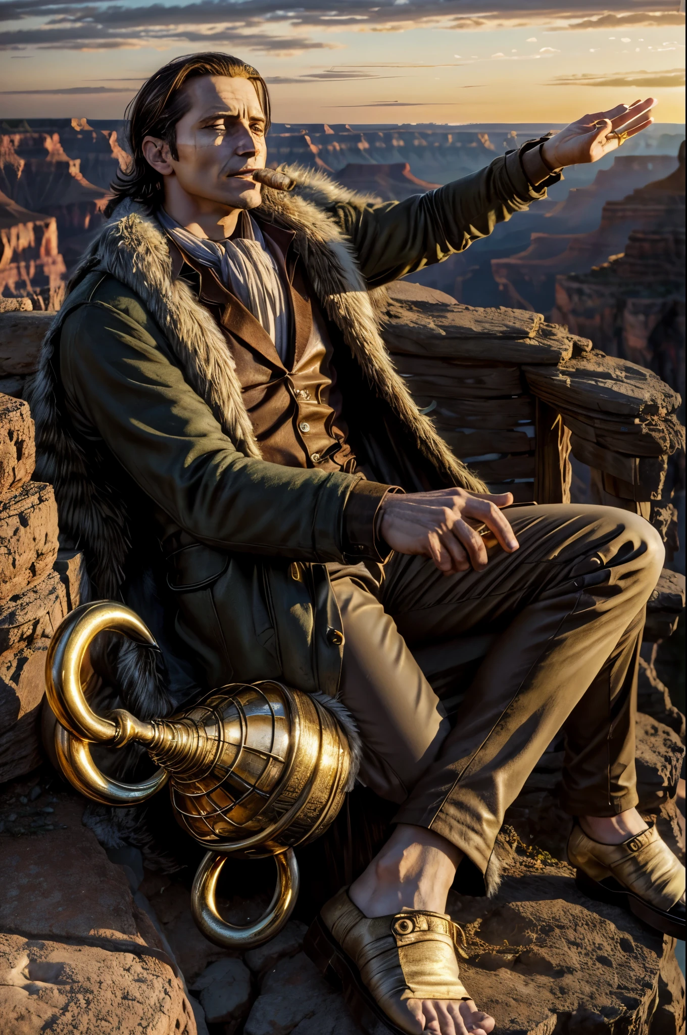 masterpiece, best quality, extremely detailed, hyperrealistic, photorealistic, a cool 40s man, ultra detailed face:1.2, fur-trimmed coat, scarf around the neck, his left hand is a golden pirate hook, cigar, sitting on the edge of a cliff, her feet in the air, grand canyon, united states, gold at sunset:1.1