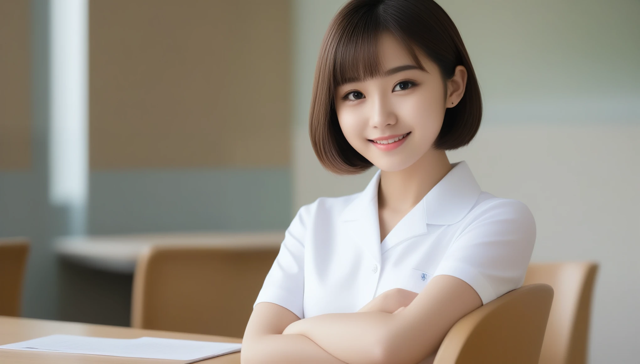 8k, Ultra-high resolution, highest quality, masterpiece, Surreal, photograph, 1 girl, (16 years old:1.3), cute女の子, cute顔, Beautiful eyes in every detail,masterpiece,Japanese, whole body, Pause, (Side view:0.9), (Professional Lighting, Light on the face), 1 girl, cute, Perfect body, View Viewer, The body is slim, (非常にdetailedな目と顔, Beautifully detailed nose, Beautiful fine details), (Beautiful knees, White thighs), Japanese high school girl, (classroom, Wooden desk and wooden chair), ((school uniform, Short sleeve uniform white shirt)), 18-year-old, (Semi-long hair, Bob Hair, short hair, Hairside lock) 、Looking at the audience、beauty,Long neck、Smile a little、Please close your mouth and laugh、(((Ideal body type))),A-cup small breasts :2,Perfect Anatomy、鮮明なdetailed、detailed、Surreal、Light and shadow,Strong light,Fashion magazine cover,Thin lips