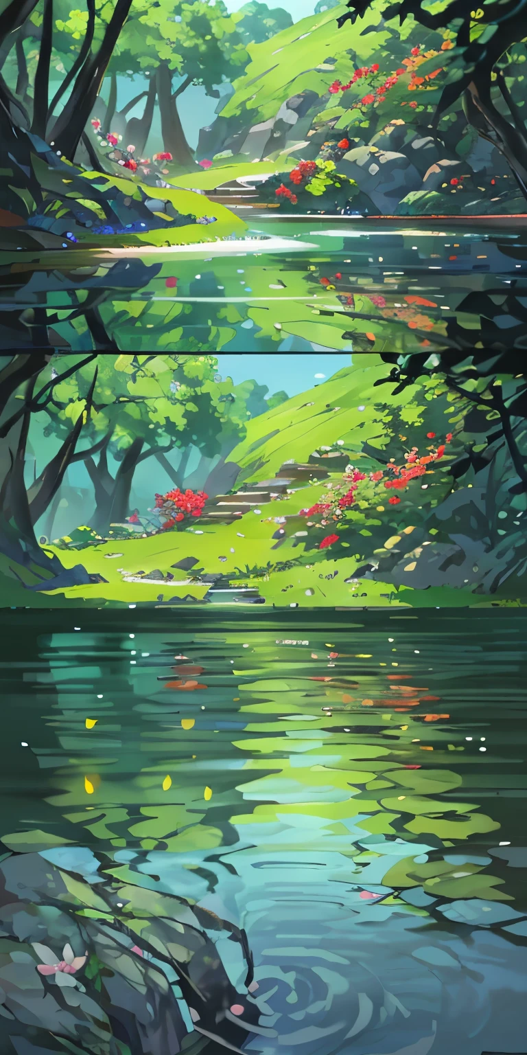 Chinese ancient times, spring, jungle, lake, cave, waterfall, tree, meadow, rock, deer, hot spring, water vapor, (illustration: 1.0), epic composition, realistic lighting, HD details, masterpiece, best quality, (very detailed CG unified 8k wallpaper)