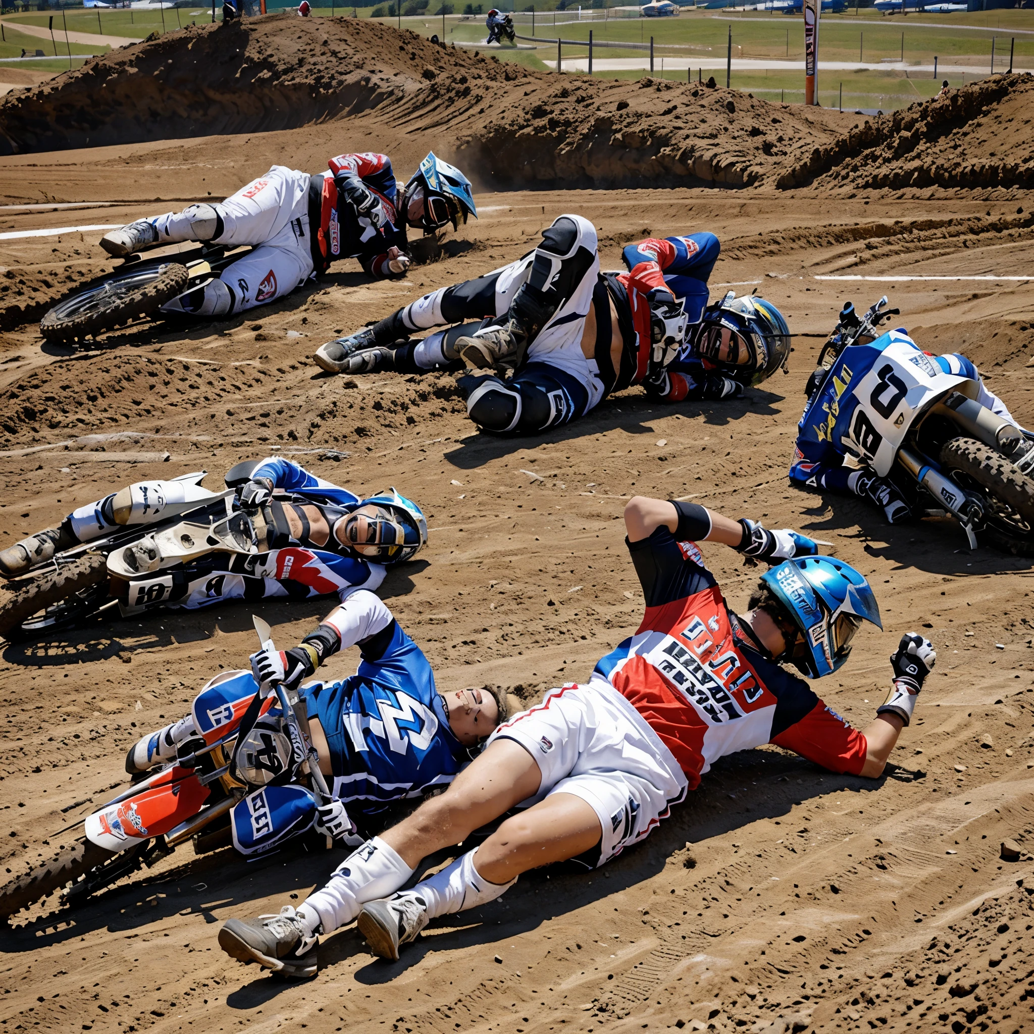 3 motocross riders fallen to the ground