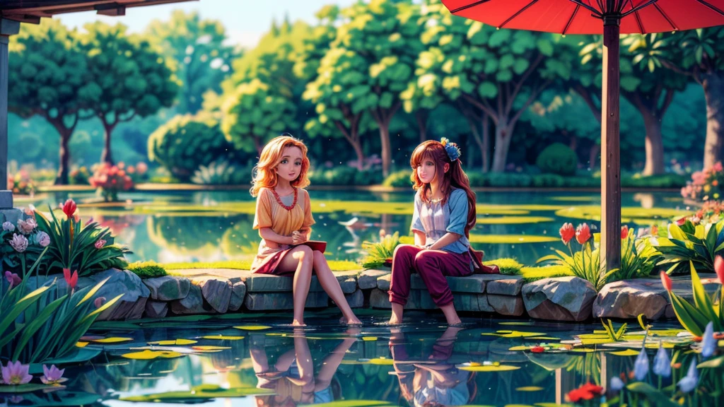 (monet,-1.2),(impressionist,-1.2),(beautiful garden,flowers,trees,greenery,serene atmosphere),(peaceful pond,rippling water,reflections),(girl sitting by the pond,relaxed posture),(detailed eyes,rosy lips,graceful features),(long flowing hair,breezy),(colorful palette,soft brush strokes),(sun-kissed,warm color tones),(natural lighting,soft shadows),(best quality,highres),(vivid colors,dreamy atmosphere)