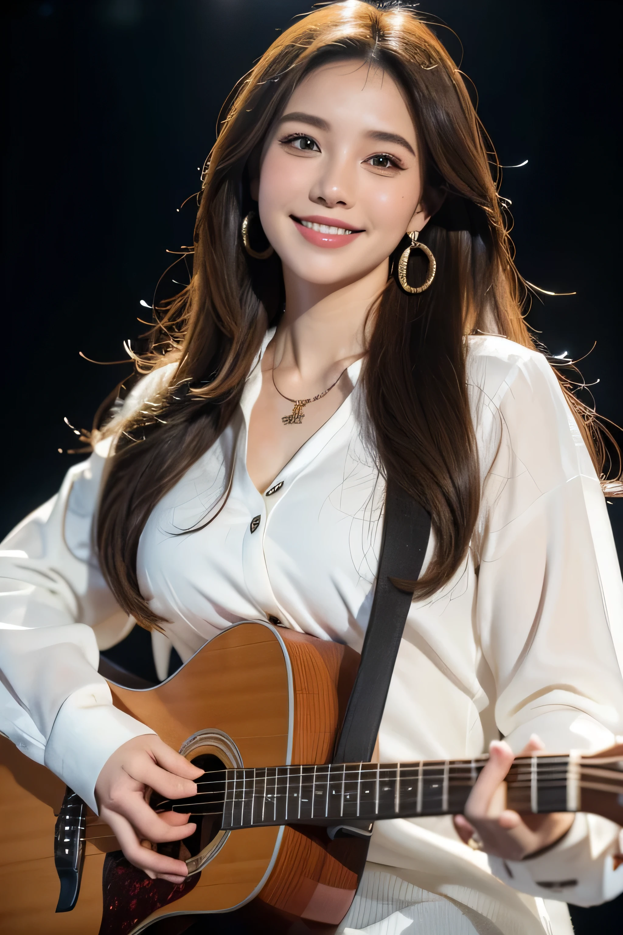 Ultra-high resolution, Better Quality, photo shoot, 4K, (Realistic:1.4) Freckle portrait photography , Big breasts super long brown hair, brown eyes,Wearing white long sleeve button up blouse、white flared mini skirt,shy smile,Gorgeous necklace_Large earrings,at stage at night,Place your left hand gently on your chin,playing guitar,Singing into a microphone facing the audience