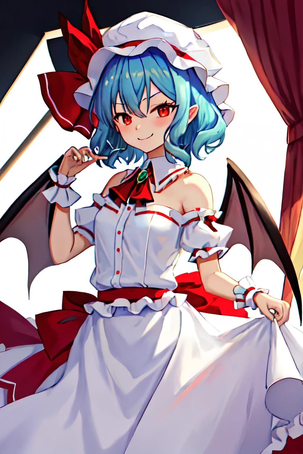 highest quality, masterpiece, High resolution, 一人in, {Remilia_scarlet_East:1.15}, red_eye, short_hair, bin_wing, wing, ribbon, hin, green_hair, pain_cap, hair_between_eye, hin_ribbon, 前hair, smile, upper_body, red_ribbon, One girl, Looking_in_Audience, white_background, white_hat, bow, red_bow, Simple_background, red面, dress, Frills, white_dress