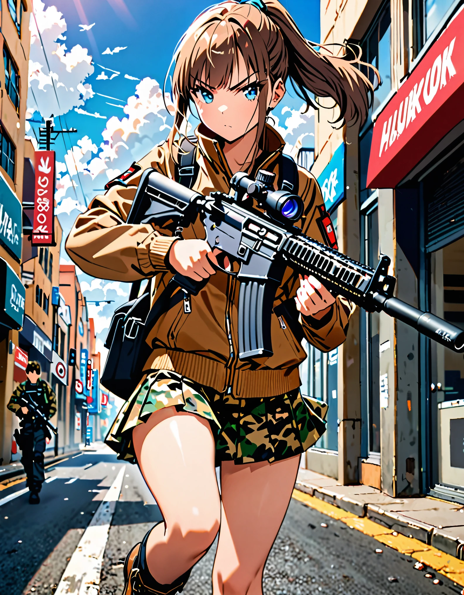 masterpiece, best quality, highres, solo, solo focus, 1girl, standing, medium brown hair, ponytail, hair tie, blue eyes, bangs, brown camouflage jacket, closed jacket, serious, high school girl, digital camouflage pleated skirt, miniskirt, black combat boots, using weapon, using rifle, aiming, h&k hk416 carbine, scope, suppressor, cowboy shot, sunny, blue sky, cloudy sky, city street