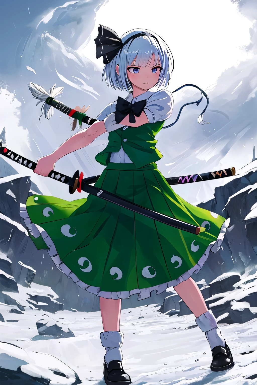 masterpiece, highest quality, Absurd, Super detailed,konpaku_Youmu_Eastern Long Blade,Dynamic pose,Dynamic Angle,Strong winds,Blizzard