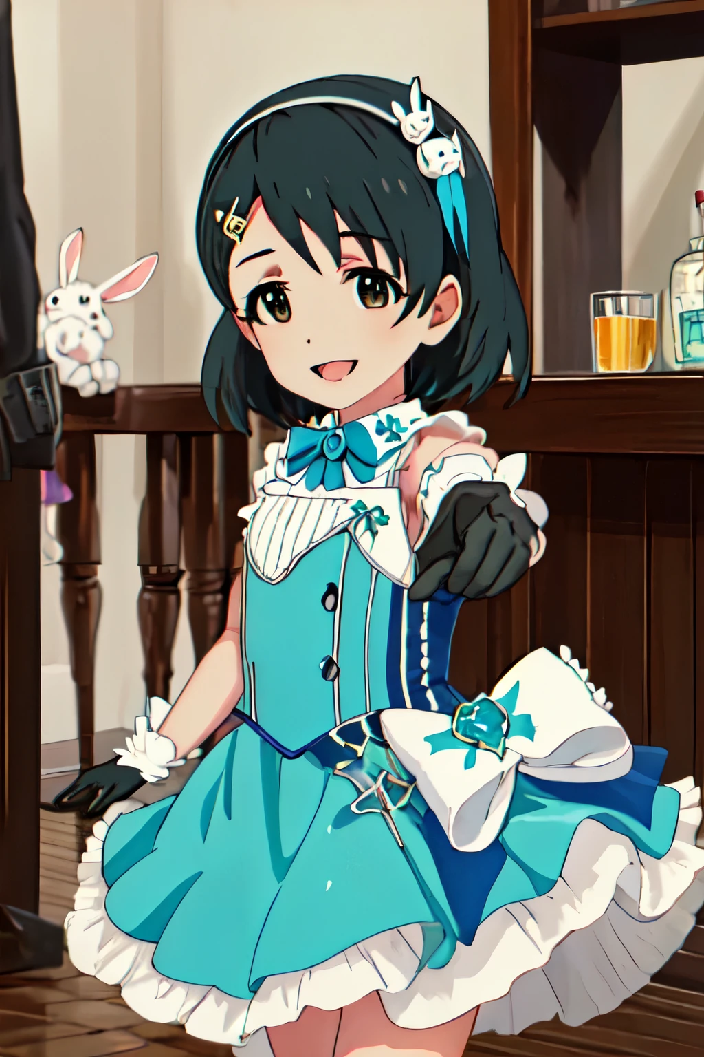 highest quality, masterpiece, High resolution, alone, {Zuo々wood_intelligence_Idolmaster Cinderella Girls su149:1.15}, black_hair, short_hair, hair_ornament, hairclip, Brown_eye, Rabbit_hair_ornament, upper_body, 前hair, One girl, dress, gloves, white_gloves, bow, hairband, green_dress, Frills, Open_mouth, smile, pointing, woman_child, heart