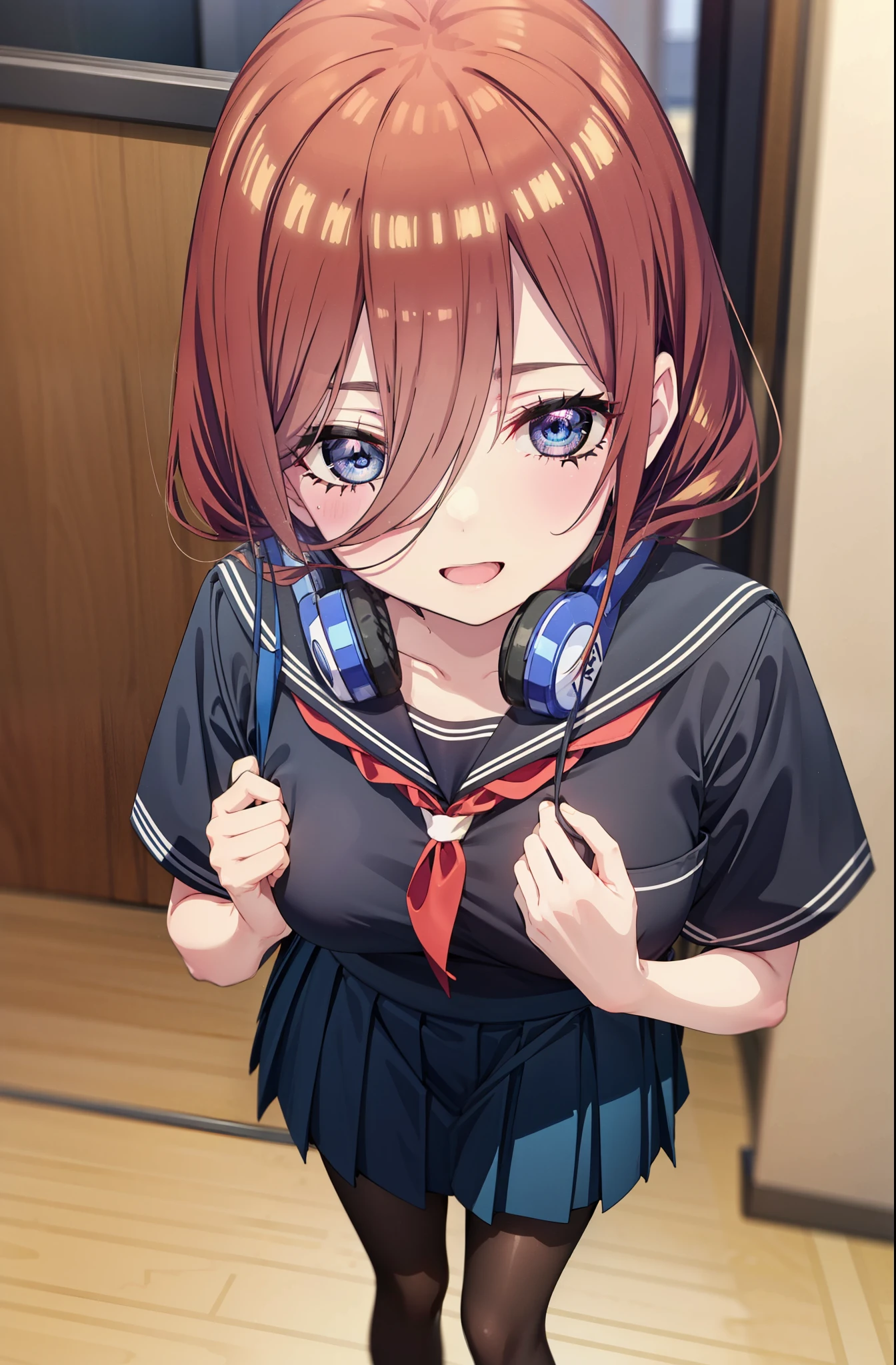 Mikunakano, Miku Nakano, Long Hair, bangs, blue eyes, Brown Hair, shirt, Hair between the eyes, Headphones around the neck,smile、happy smile, smile, Open your mouth,Big Breasts,Japanese schoolgirl(Red Sailor Suit),Short sleeve,Black pleated skirt,Black Pantyhose,Brown Loafers,Daytime,sunny,whole bodyがイラストに入るように,Looking down from above,
break indoors, School,Big Breasts,
break looking at viewer, whole body,
break (masterpiece:1.2), highest quality, High resolution, unity 8k wallpaper, (shape:0.8), (Beautiful details:1.6), Highly detailed face, Perfect lighting, Highly detailed CG, (Perfect hands, Perfect Anatomy),