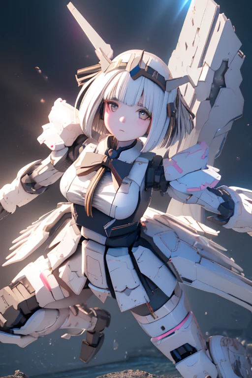 (highest quality)), ((masterpiece)), (Very detailed: 1.3), 3D, {(Young girl)}, Wearing a white frilly Gothic Lolita outfit, (She is fused with a Gundam mecha from the future.....), With headgear, With V-fin , Armored Shoulders,Armament, Armor at the feet, Multi-layer texture perfect ratio, Octane Rendering, Duotone Lighting, Low ISO, wide aperture, White balance, Three-part method, Ultra HD 16k, High resolution (High Dynamic Range), Ray Tracing, NVIDIA, Super Resolution, Scattered beneath the surface of the water, PBR Texturing, Post-processing, Anisotropic Filtering, Written boundary depth, Maximum clarity and sharpness, Highly efficient subpixels, Subpixel Convolution, Particles of light, Scattered Light, Tyndall effect, whole body:1.5, Combat pose, cute, (cute:1.2), (Bobcut:1.3),Braiding, Black Hair, Thick eyebrows, Pale-colored iris, big, Bright black eyes, Long eyelashes, small, Bright colors, Natural lips, (The average face of a Japanese idol), (日本人特有のBaby Face:1.3), (Baby Face), Wide forehead:1.2, Plump Cheeks, small jaw, Visible side boob, (Has a huge weapon:1.5), fly in the sky、Ascending flight,View your viewers,Focus on the eyes , (Four perfect fingers, One thumb),