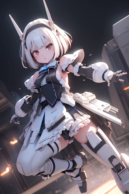 (highest quality)), ((masterpiece)), (Very detailed: 1.3), 3D, {(Young girl)}, Wearing a white frilly Gothic ta outfit, (She is fused with a Gundam mecha from the future.....), With headgear, With V-fin , Armored Shoulders,Armament, Armor at the feet, Multi-layer texture perfect ratio, Octane Rendering, Duotone Lighting, Low ISO, wide aperture, White balance, Three-part method, Ultra HD 16k, High resolution (High Dynamic Range), Ray Tracing, NVIDIA, Super Resolution, Scattered beneath the surface of the water, PBR Texturing, Post-processing, Anisotropic Filtering, Written boundary depth, Maximum clarity and sharpness, Highly efficient subpixels, Subpixel Convolution, Particles of light, Scattered Light, Tyndall effect, whole body:1.5, Combat pose, cute, (cute:1.2), (Bobcut:1.3),Braiding, Black Hair, Thick eyebrows, Pale-colored iris, big, Bright black eyes, Long eyelashes, small, Bright colors, Natural lips, (The average face of a Japanese idol), (日本人特有のBaby Face:1.3), (Baby Face), Wide forehead:1.2, Plump Cheeks, small jaw, Visible side boob, (Has a huge weapon:1.5), fly in the sky、Ascending flight,View your viewers,Focus on the eyes , (Four perfect fingers, One thumb),