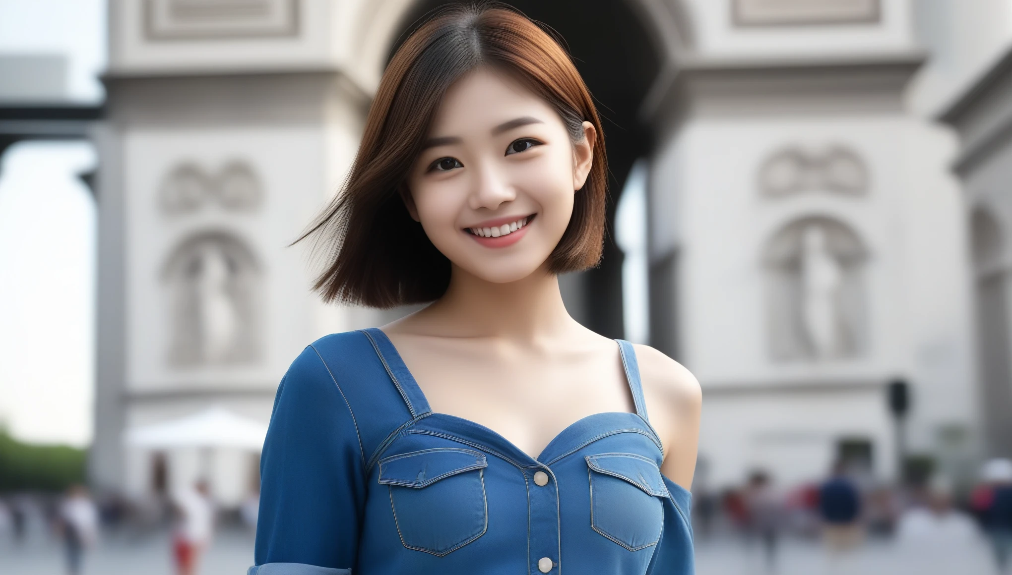 8k, Ultra-high resolution, highest quality, masterpiece, Surreal, photograph, 1 girl, (16 years old:1.3), pretty girl, Cute Face, Beautiful eyes in every detail,masterpiece,denimドレスを着てphotographを撮る女性のクローズアップ,(masterpiece, highest quality:1.1), (8k, RAWphotograph, photographのようにリアル:1.2, f22), (Shiny skin), detailedな肌, detailedな顔, smile,Fine grain,Short Bob, Real World, Intricate details, smile, One girl, (denim), break, (Arc de Triomphe:1.4), Looking at the audience、beauty,Long neck、Smile a little、Please close your mouth and laugh、(((Ideal body type))),A-cup small breasts :2,Perfect Anatomy、鮮明なdetailed、detailed、Surreal、Light and shadow,Strong light,Fashion magazine cover,Thin lips