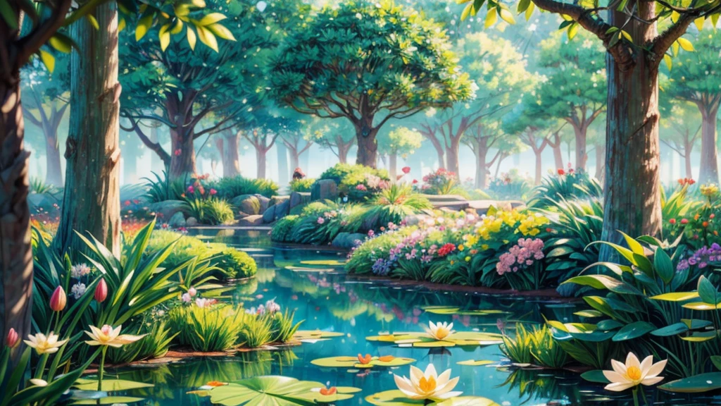 (best quality,4k,8k,highres,masterpiece:1.2),ultra-detailed,realistic,beautiful garden,serene atmosphere,Monet-style impressionist painting,,vibrant brushstrokes,shimmering water reflections,rays of warm sunlight filtering through the trees,flowing pastel colors,lush green foliage,delicate flowers in bloom,tranquil pond with lotus flowers and lily pads,peaceful ambiance,subtle ripples on the water surface,eye-catching highlights and shadows,dappled light and shade,ethereal atmosphere,impressionistic brushwork,majestic tall trees with swaying branches,soft wisps of clouds in the sky,faint hints of distant scenery,harmonious color palette,evoking a sense of tranquility and serenity.