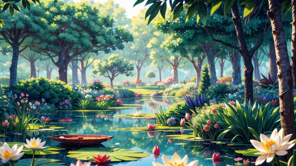 (best quality,4k,8k,highres,masterpiece:1.2),ultra-detailed,realistic,beautiful garden,serene atmosphere,Monet-style impressionist painting,,vibrant brushstrokes,shimmering water reflections,rays of warm sunlight filtering through the trees,flowing pastel colors,lush green foliage,delicate flowers in bloom,tranquil pond with lotus flowers and lily pads,peaceful ambiance,subtle ripples on the water surface,eye-catching highlights and shadows,dappled light and shade,ethereal atmosphere,impressionistic brushwork,majestic tall trees with swaying branches,soft wisps of clouds in the sky,faint hints of distant scenery,harmonious color palette,evoking a sense of tranquility and serenity.
