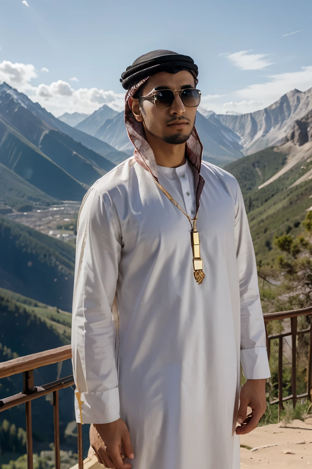 Young Arabic man, with sunglass, tradition cloths, standing in front of a beautiful mountain