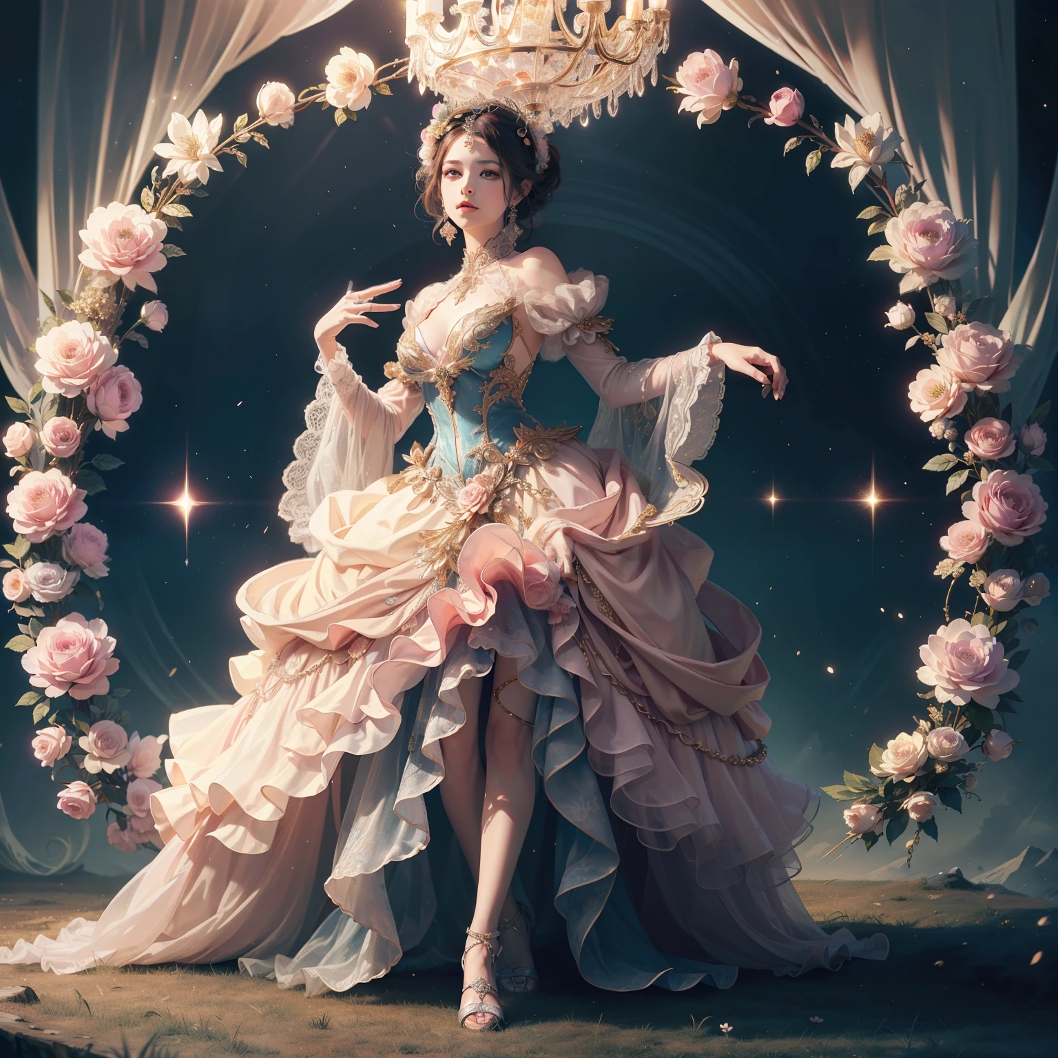 Goddess of the Day of the Dead in a magnificent pink and gold ball gown dress with rhinestones and a tulle skirt, Big beautiful dress, With lots of frills and rhinestones、Intricate fluffy ball gowns (masterpiece, highest quality, highest quality, Official Art, beautifully、aesthetic: 1.2), (Rococo) , Victorian), (1 Flower), whole body, Very detailed, (Fractal Art: 1.3), colorful, Most detailed
