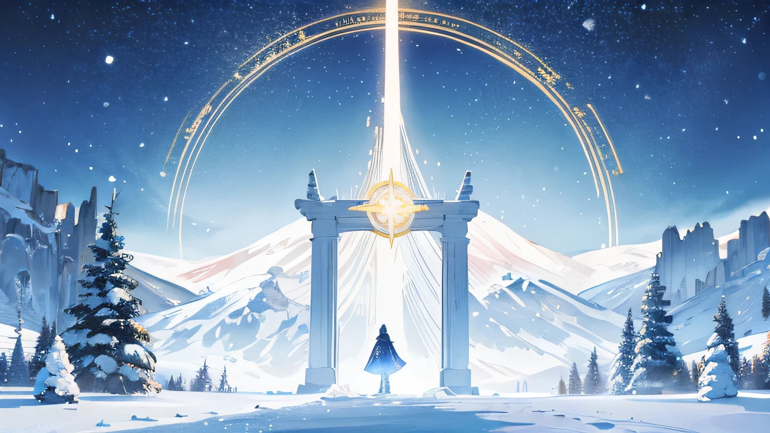 Book cover. A beautiful starry night view. There is an aurora. The place was snowy. White snow covers the trees and the ground. On the far right, there is a huge golden gate that is like a portal to another world. Golden door