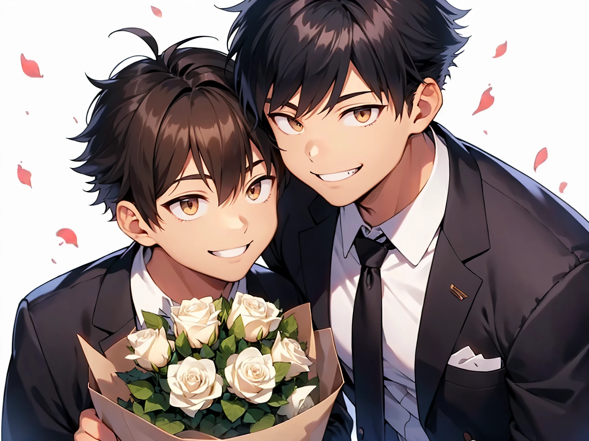 2 boy,(happy smile:1.7),bouquet,offer,(white roses),(white open collar shirt),tie,short sleeves,white background,(detailed eyes),detailed skin,(masterpiece,best quality:1.4),Top Quality,High quality,