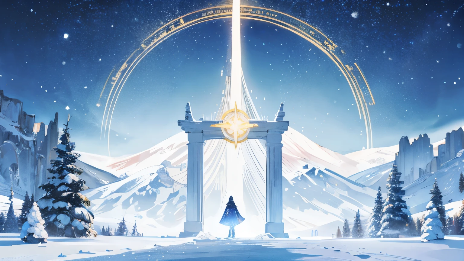 Book cover. A beautiful starry night view. There is an aurora. The place was snowy. White snow covers the trees and the ground. On the far right, there is a huge golden gate that is like a portal to another world. Golden door