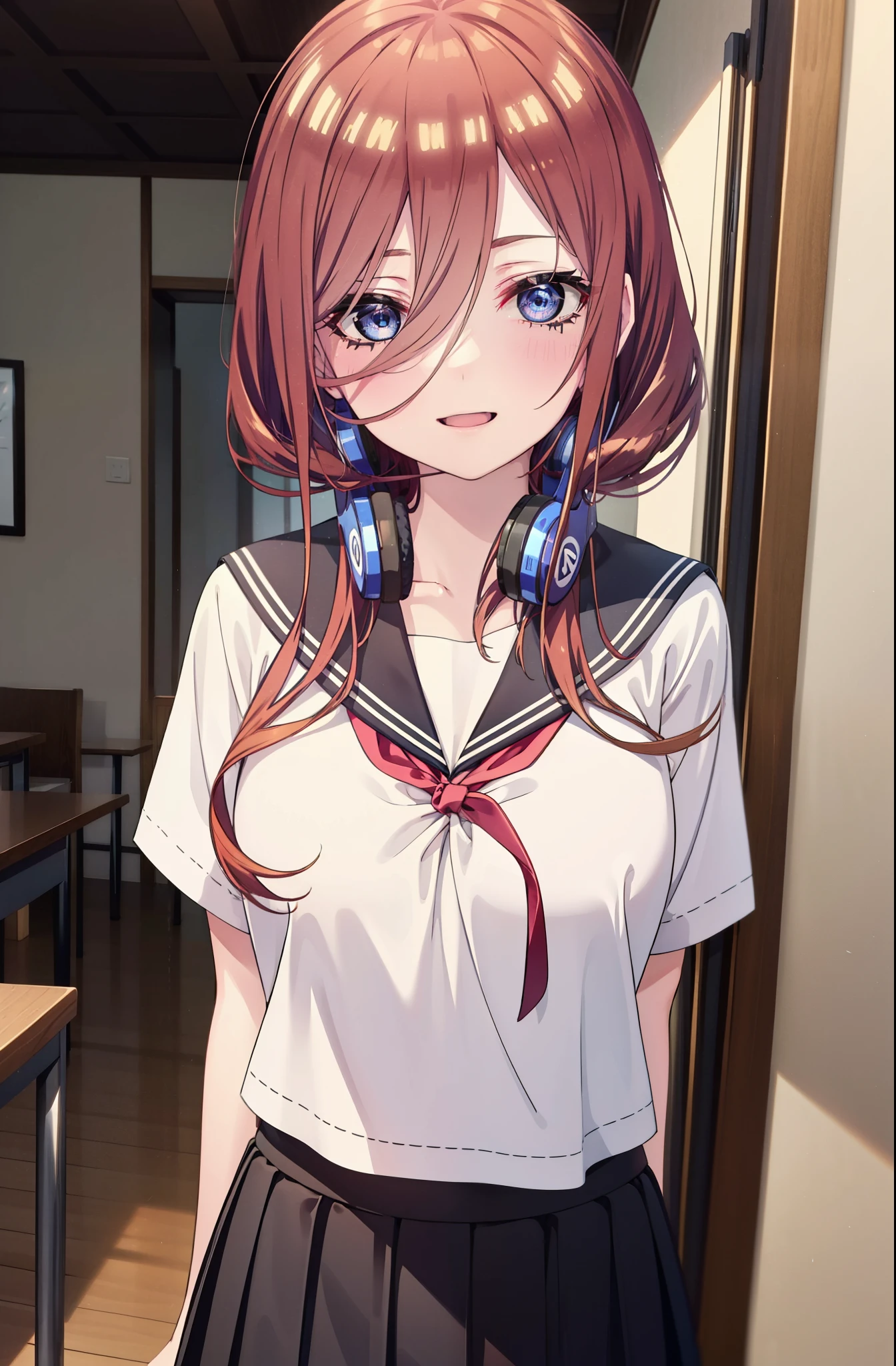 Mikunakano, Miku Nakano, Long Hair, bangs, blue eyes, Brown Hair, shirt, Hair between the eyes, Headphones around the neck,smile、happy smile, smile, Open your mouth,Big Breasts,Japanese schoolgirl(Black Sailor Suit),Short sleeve,Black pleated skirt,Black Pantyhose,Brown Loafers,Daytime,sunny,whole bodyがイラストに入るように,Looking down from above,
break indoors, School,Big Breasts,
break looking at viewer, whole body,
break (masterpiece:1.2), highest quality, High resolution, unity 8k wallpaper, (shape:0.8), (Beautiful details:1.6), Highly detailed face, Perfect lighting, Highly detailed CG, (Perfect hands, Perfect Anatomy),