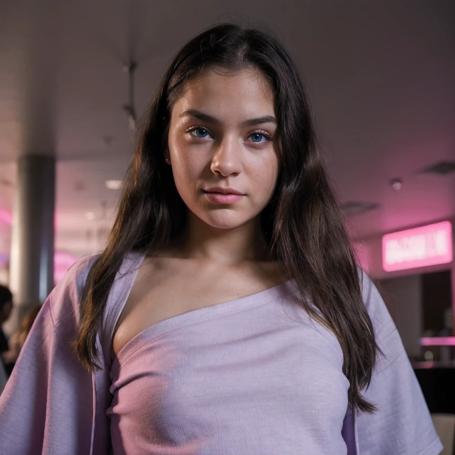 photo of a college student,9 , in Purple Pink, futuristic cotton and linen, (freckles:0.8) cute face, sci-fi, dystopian, detailed eyes, cobalt blue eyes((High nose bridge))Disco bar