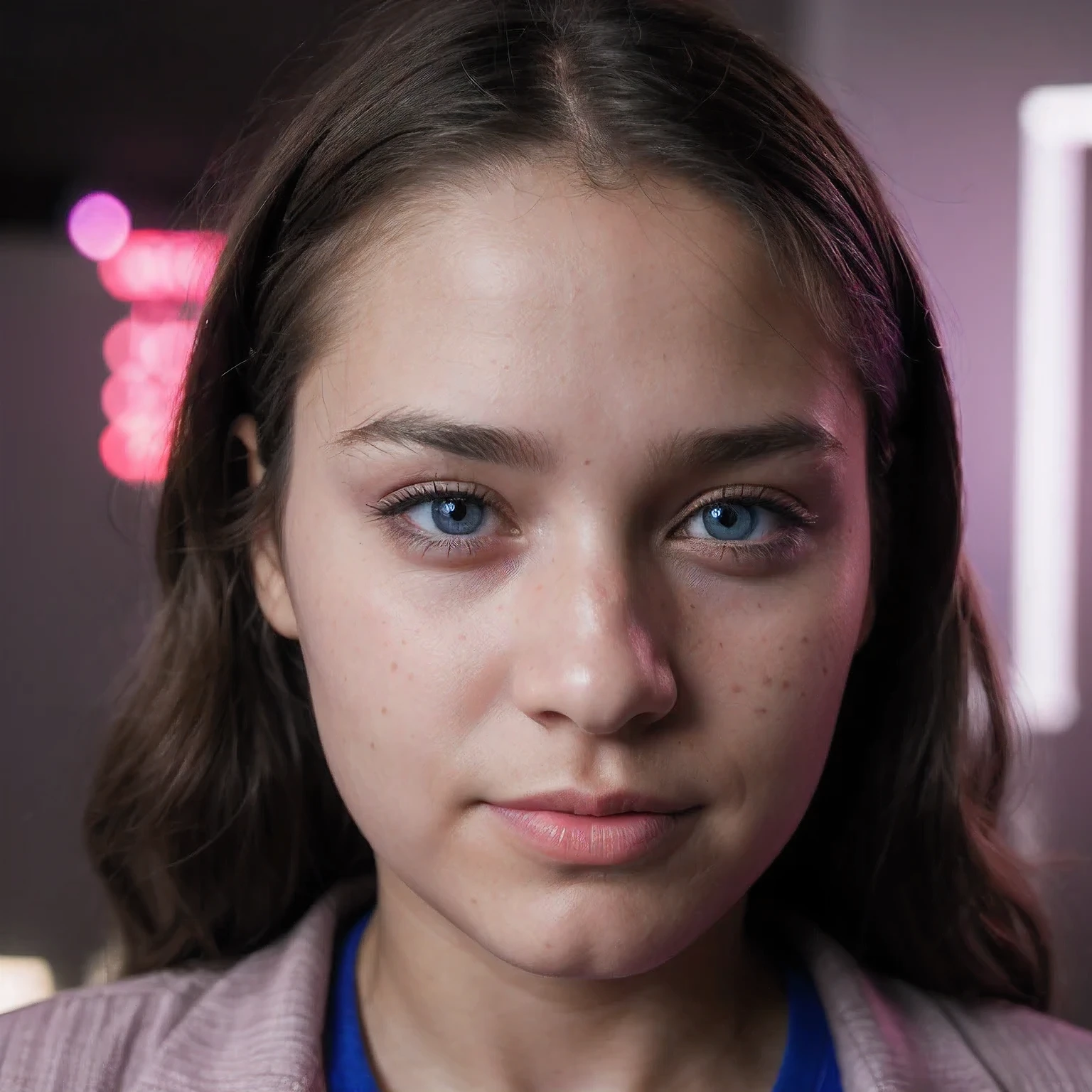 photo of a college student，9 years old, in Purple Pink, futuristic cotton and linen, (freckles:0.8) cute face, sci-fi, dystopian, detailed eyes, cobalt blue eyes（（High nose bridge））Disco bar