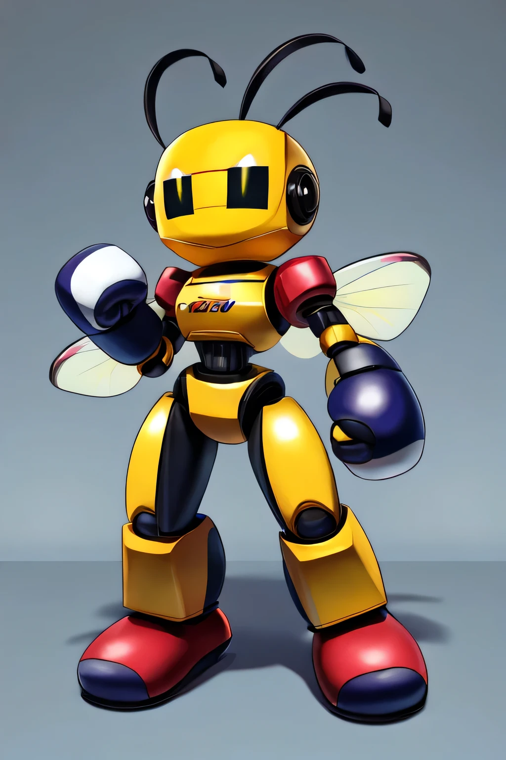 A small robot with traits of a boxing bee.