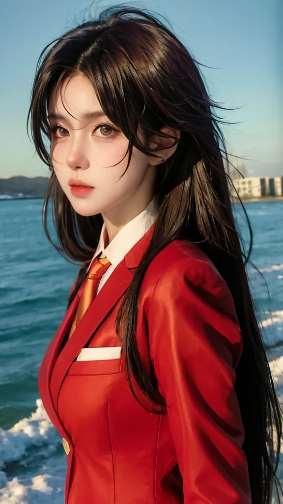 (absurdres, 8k, 4k, masterpiece, hyper extreme detailed:1.2), solo, 1girl, front view portrait, best quality, expressive eyes, perfect face, 1girl, portrait, solo, Female, mature female, adult, brown hair, long hair, pirate, cool, confident, perfect anatomy, messy hair, wild hair, snowy, day time, white sky, cowboy shot, full body, perfect anatomy, flowing hair, windy hair, wind, beidoudef, beidournd, formal wear, front view, looking forward, toned body, muscular, athletic, flexible, strong, large bust, suit pants, suit jacket, vest, dress shirt, red tie, dark red blazer,