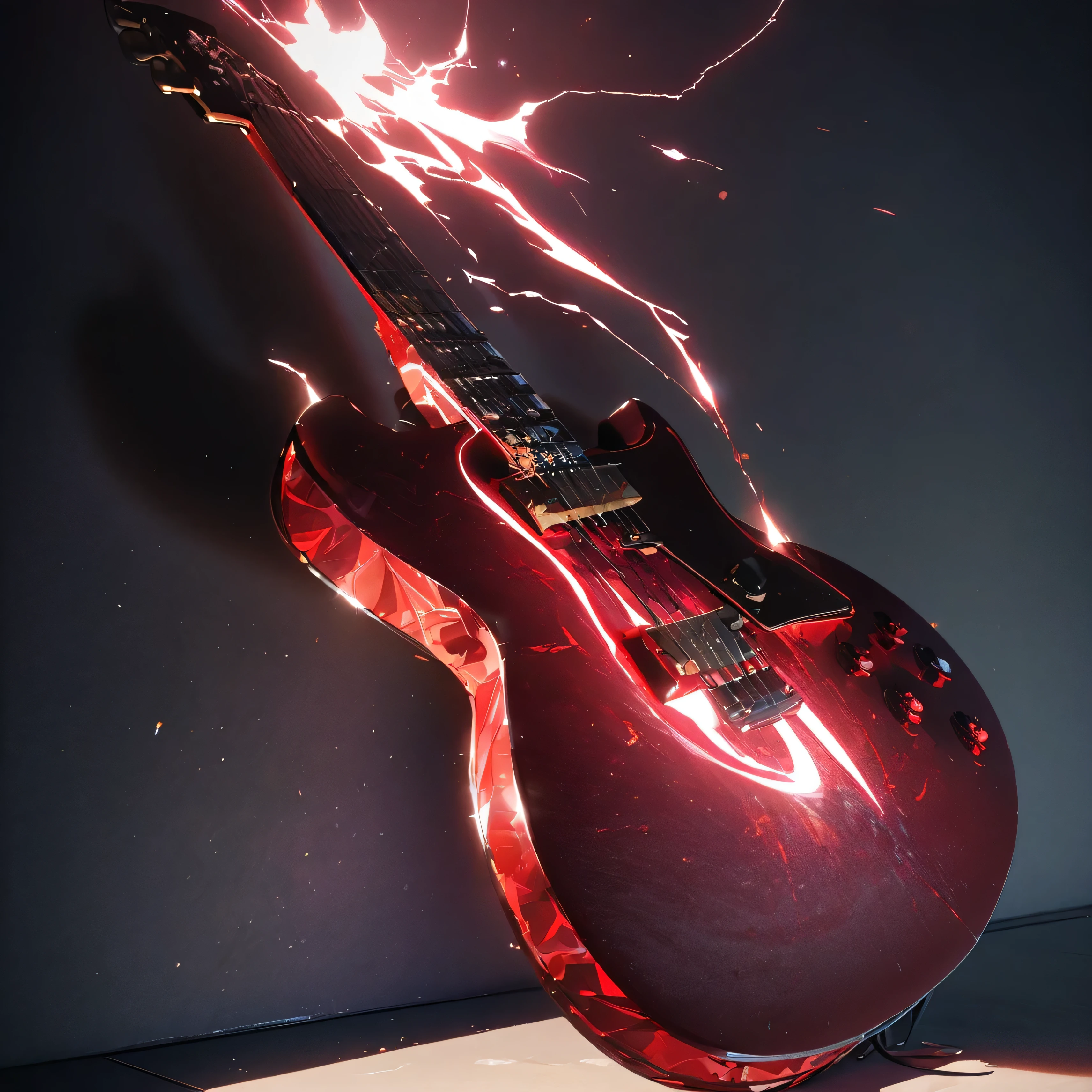 A red electric guitar emitting red lightning, glow, drop shadow, flower, UHD, masterpiece, accurate, anatomically correct, textured skin, super detail, high quality, best quality, 8k, high resolution, bokeh effect.