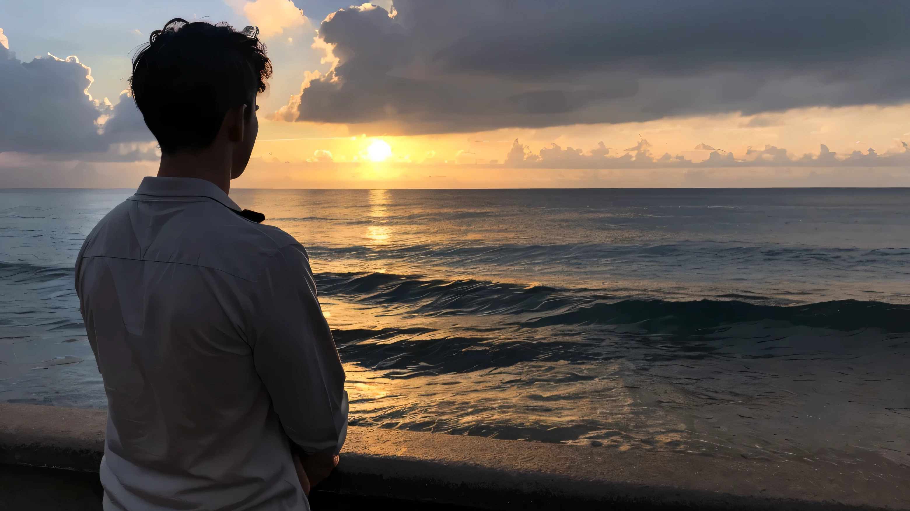 Back view of a man looking into the distance、(((Ocean)))、(((evening)))、It&#39;s dusk、sunset、Ocean Shore、high resolution