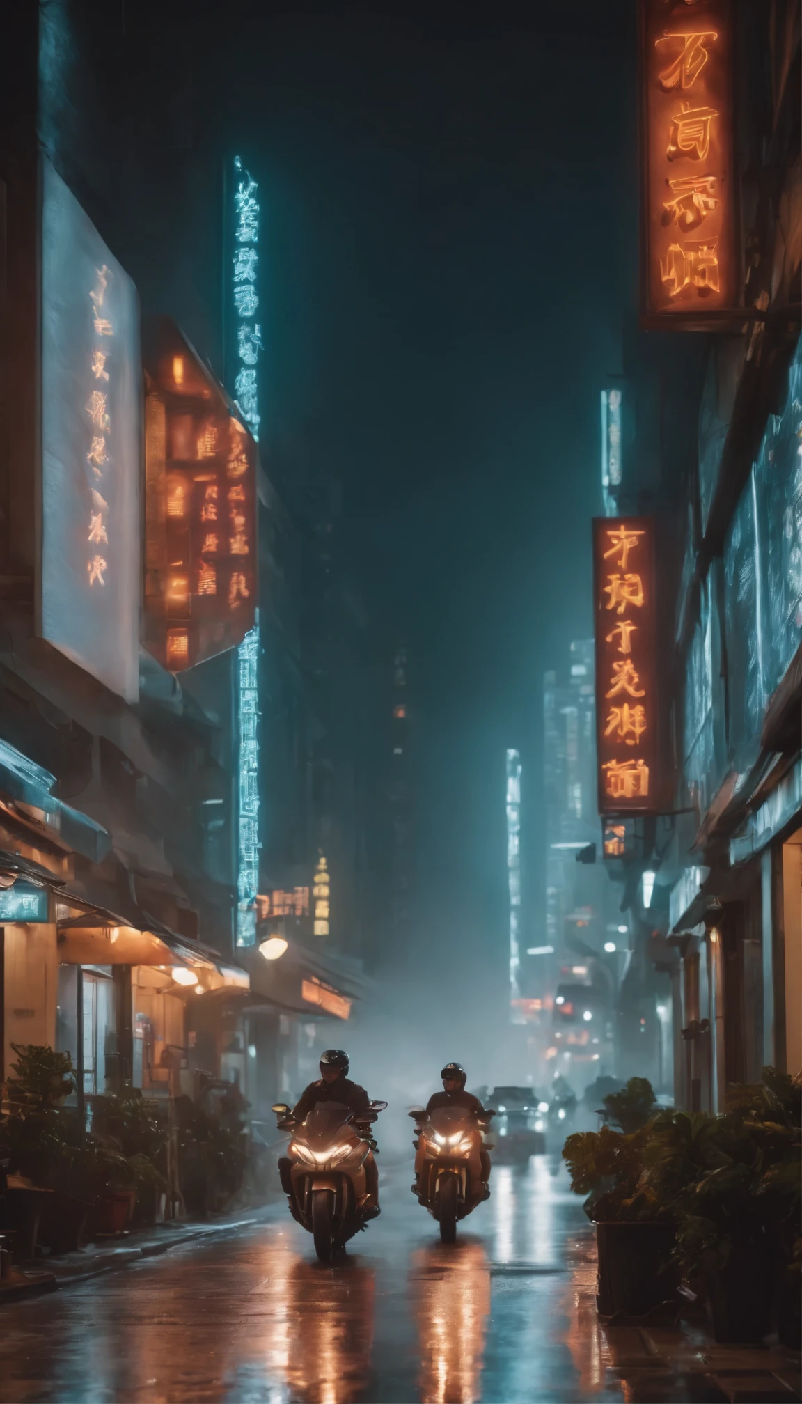 A breathtaking masterpiece of a futuristic cityscape unfolds、Features high detail and realistic elements。The cityscape、It is dominated by a deep canyon that runs through its centre.、The streets are lined with buildings that blend European architecture with cyberpunk design.。The complex bazaar is illuminated by the glow of neon signs.、It's a striking contrast to the rainy night.。 Sleek, futuristic motorcycles glide seamlessly through the city.、The frame reflects the rain-soaked city streets.。The cityscape is a mix of warm and cool colors.、Highlighting the city's unique mix。