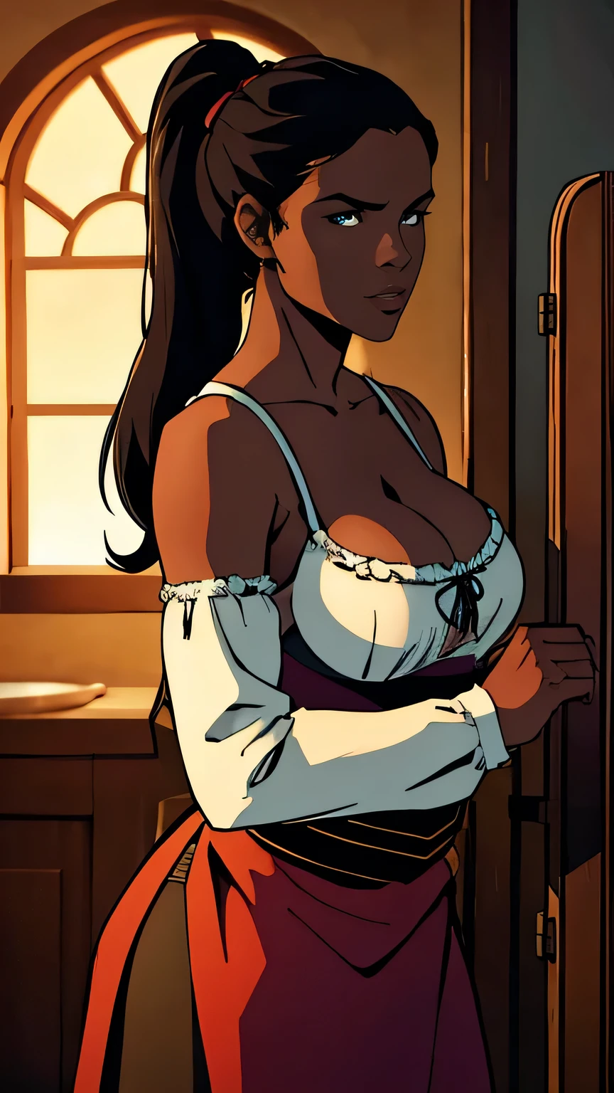 masterpiece, best quality,ponytail ,dark skin, large breasts, cleavage, dirndl, cowboy shot, indoors