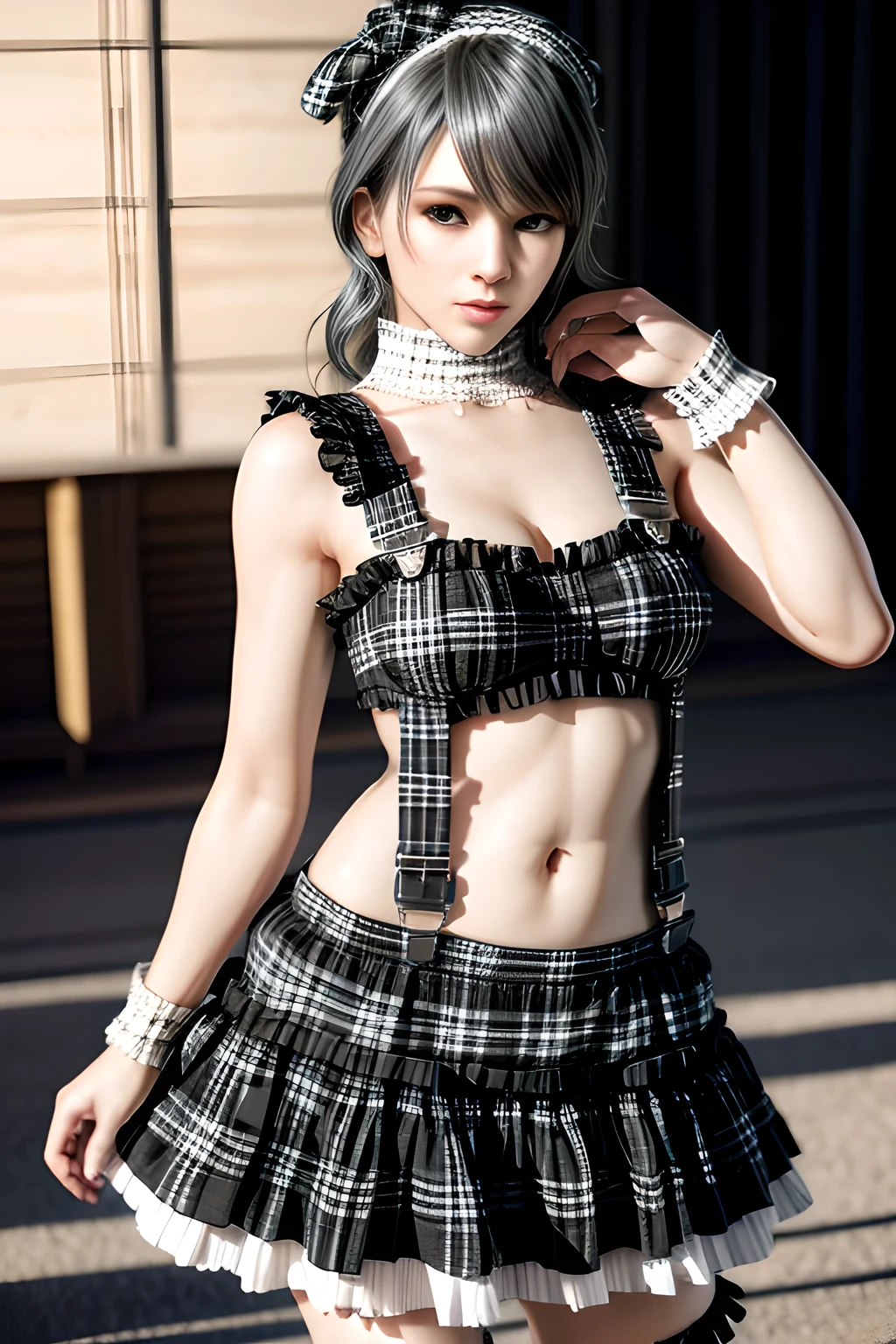 1girl, BREAK (black and white theme:1.4),  (sleeveless black and white [plaid pattern] sundress:1.4), (bare shoulders:1.3), (suspenders with frills:1.2), (tiered skirt with ruffles:1.3), (knit arm warmers:1.3),  , appealing cleavage,( beautiful tattoo:1.2), overhead view, beautiful detailed eyes, beautiful detailed lips, extremely detailed eyes and face, long eyelashes, feminine charm, detailed texture, snug fit, fashionable, soft fabric, radiant skin, (best quality,4k,8k,highres,masterpiece:1.2), ultra-detailed, (realistic,photorealistic,photo-realistic:1.37), tamaki