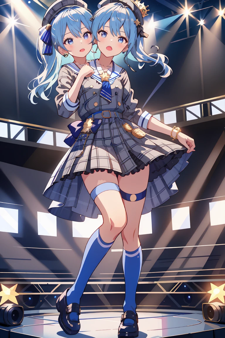 (masterpiece, best quality), best resolution, 16k, (2heads:1.5), full body, 1girl, solo, HoshimachiSuisei, side ponytail, blue hair ribbon, SuiseiBase, plaid beret, crown, blue star choker, star earrings, blue ascot, plaid jacket, plaid skirt, layered skirt, partially fingerless gloves, star bracelet, uneven legwear, thigh strap, (standing, stand straight), look at viewer, ((own hands together, praying hangs)), (cheek-to-cheek), singing, open mouth, stable, concert stage, starfield, spotlight