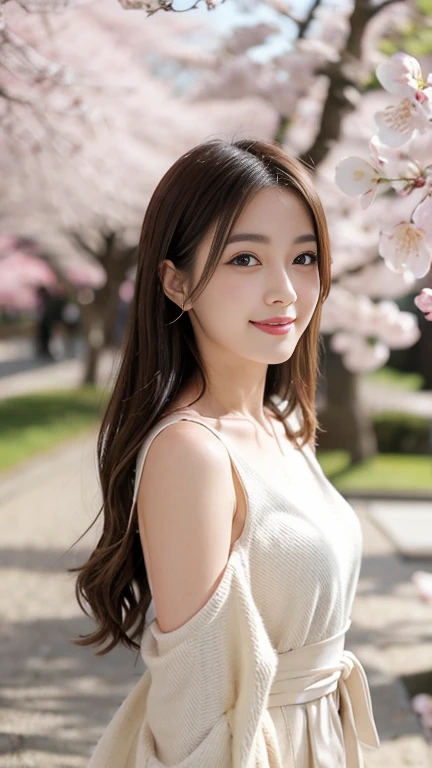 Instagram Photos, girl, Shoulder-length hair, Has light blonde hair, Close-up photo, Take a walk in the cherry blossom park, Japan, Smile a little,