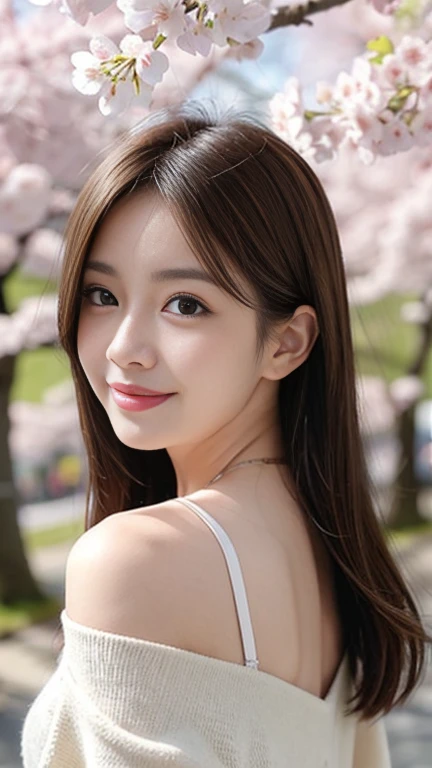 Instagram Photos, girl, Shoulder-length hair, Has light blonde hair, Close-up photo, Take a walk in the cherry blossom park, Japan, Smile a little,