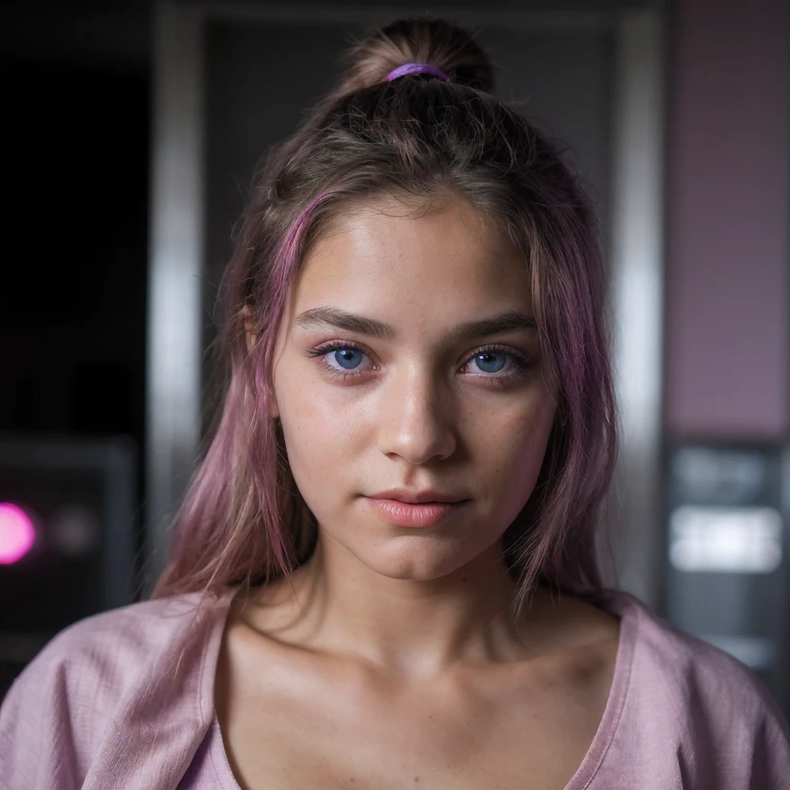photo of a college student,9 , in Purple Pink, futuristic cotton and linen, (freckles:0.8) cute face, sci-fi, dystopian, detailed eyes, cobalt blue eyes((High nose bridge))Disco bar