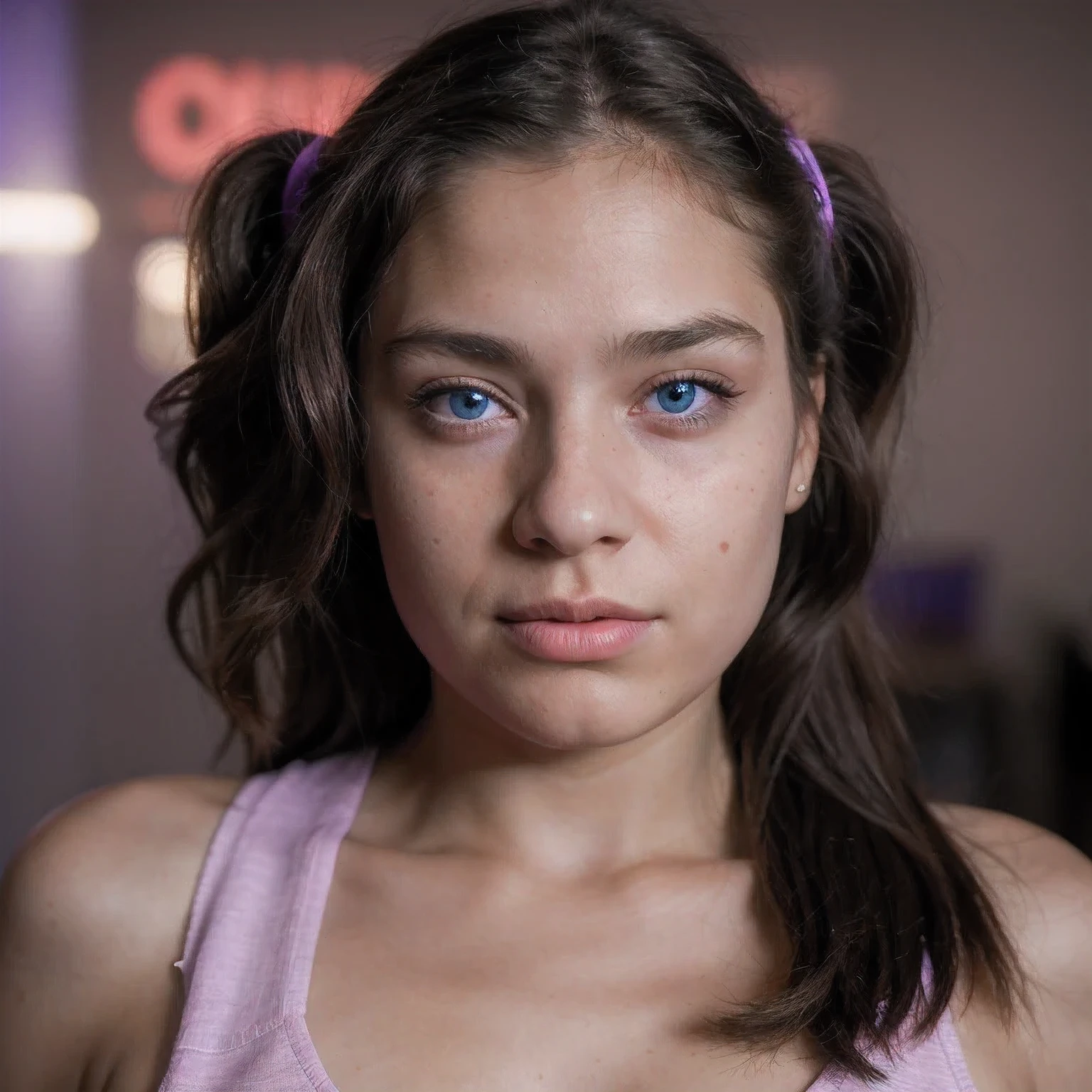 photo of a college student，9 years old, in Purple Pink, futuristic cotton and linen, (freckles:0.8) cute face, sci-fi, dystopian, detailed eyes, cobalt blue eyes（（High nose bridge））Disco bar