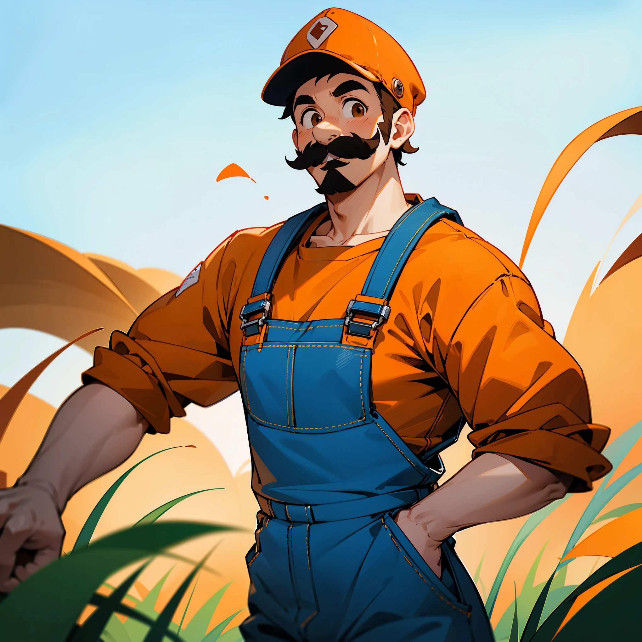 1male , Adult Male , Thick Mustache , Orange Cap , Brown Eyes , Happy Expression , Orange Longsleeve Shirt , Blue Overalls , Standing in a grassy planes