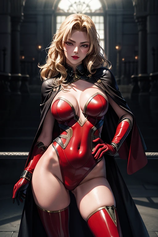 1girl,Alicia Viewsrtream,red lips,red impossible clothes,red elbow gloves,red thigh boots,cape,incredibly absurdres,Volumetric Lighting,moody lighting,thighs,realistic,reality,hetero,smug,fighting_stance,