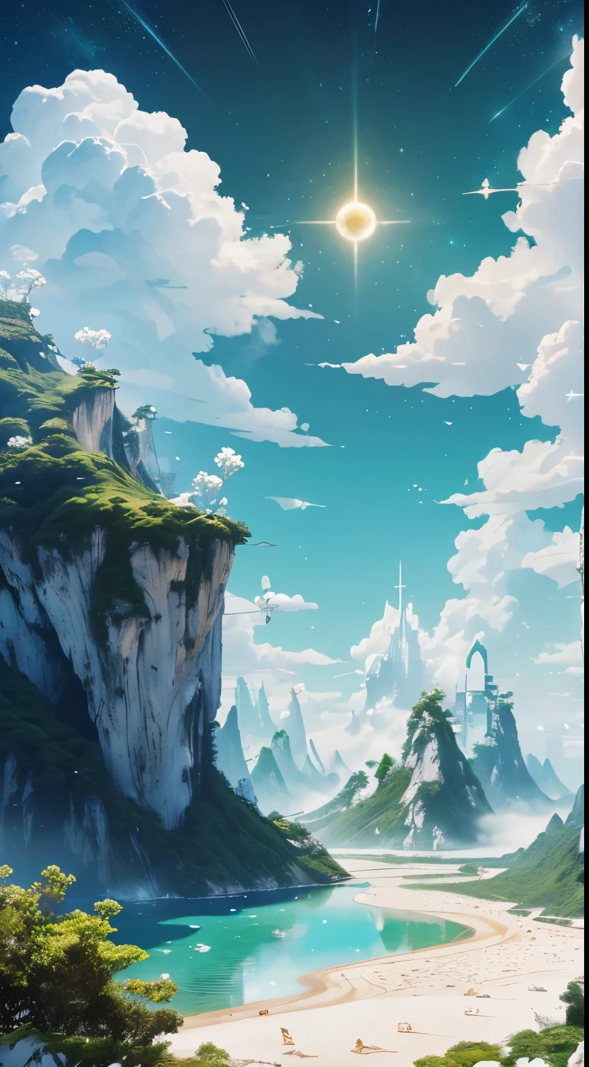 green白色调，Nice views，Beautiful white building，Pure white fantasy scene，((Super spectacular))，(Different levels of transformation crystallization， crystallization，Great quality，masterpiece，Ultra sophisticated，Attention to detail，It was foggy，美丽的Sky Sky与恒星和行星，宇宙Sky Sky的风格场景， Sky Sky， Heavenly planets in the background，background art，green，Glowing White Particles，Golden，Mirror Sea，White beach，White bird magnificent magnificent landscape，Detailed Clouds，Sacred