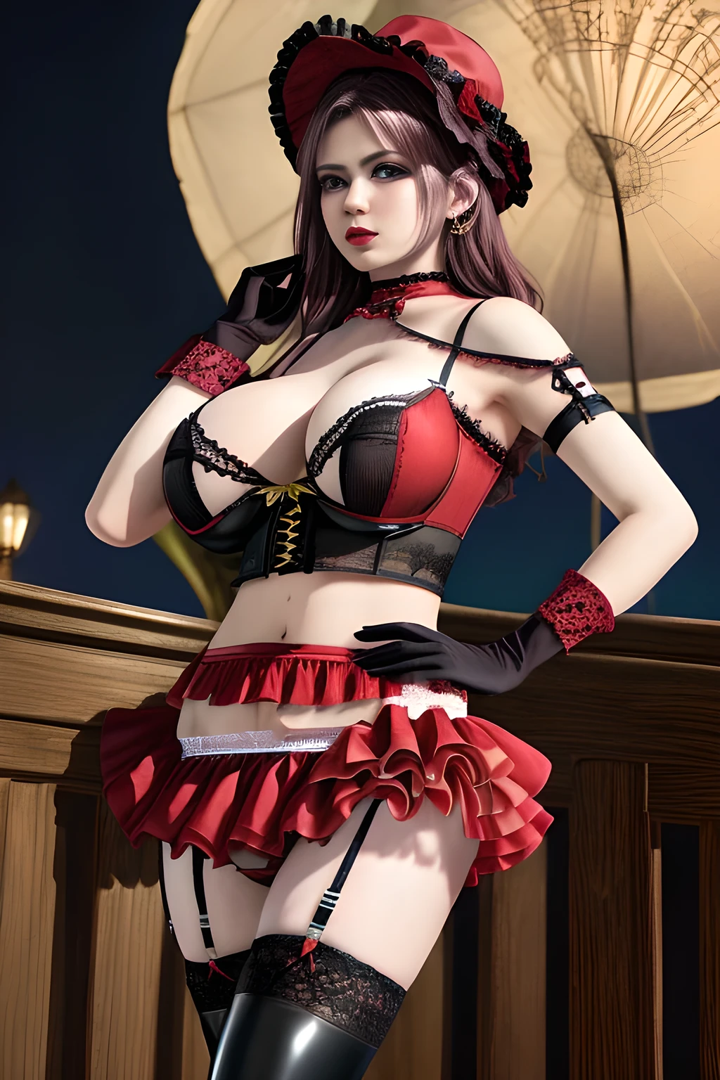 1 girl,BREAK (Royal:1.4), (red and black theme:1.5), ((red) bucket hat with rose corsage:1.4), (fusion of black high neck crop top and latex (red bustier):1.4), ((floral lace, see-through):1.3), ((sleeveless, bare shoulders):1.3), (red tiered skirt with black ruffles:1.4), ((ultra long gloves) with floral lace:1.3), (wrap a (cat garter) around thighs:1.4), outdoor,elegant,nighttime,moonlighe,shiny skin,( huge breasts), lip gloss,tattoos, masterpiece, best quality, realistic ,Surrealism,natural colors art in 8k,soft shadows,High-definition RAW color photos professional portrait photos,solo,  elise,