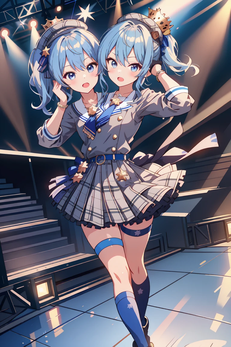 (masterpiece, best quality), best resolution, 16k, (2heads:1.5), full body, 1girl, solo, HoshimachiSuisei, side ponytail, blue hair ribbon, SuiseiBase, plaid beret, crown, blue star choker, star earrings, blue ascot, plaid jacket, plaid skirt, layered skirt, partially fingerless gloves, star bracelet, uneven legwear, thigh strap, (standing, stand straight), look at viewer, ((own hands together, praying hangs)), (cheek-to-cheek), singing, open mouth, stable, concert stage, starfield, spotlight