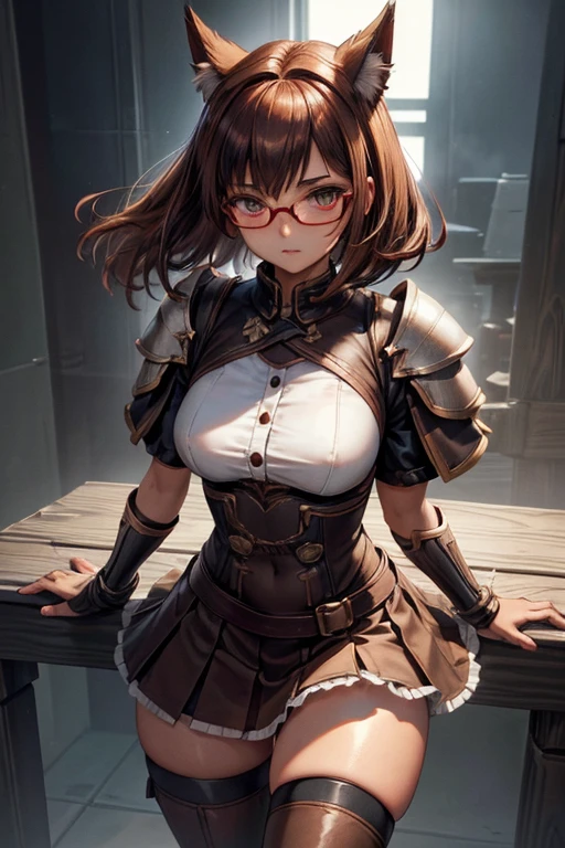 8K UHD, Digital SLR, Soft lighting, High quality, ((best quality)) ((best quality)), ((masterpiece)), (detailed), 4k image, anime style, fair caramel brown skin, beautiful teenage anime girl, black color A-line pleated skirt, white shirt, form-fitting old leather battle armor worn over skirt and shirt, battle armor, fair caramel brown skin, symmetrical face, plump lips, blood red vermillion eyes, thin circular frame transparent nerdy glasses, African looks, small breasts, toned thin slender body, small narrow waist, short height, waist length pixie cut hair, sleek dark red hair, hips, phoenix eyes, small nose, European style , white color sheer thigh-high stockings, low-top boots, fair caramel brown skin
